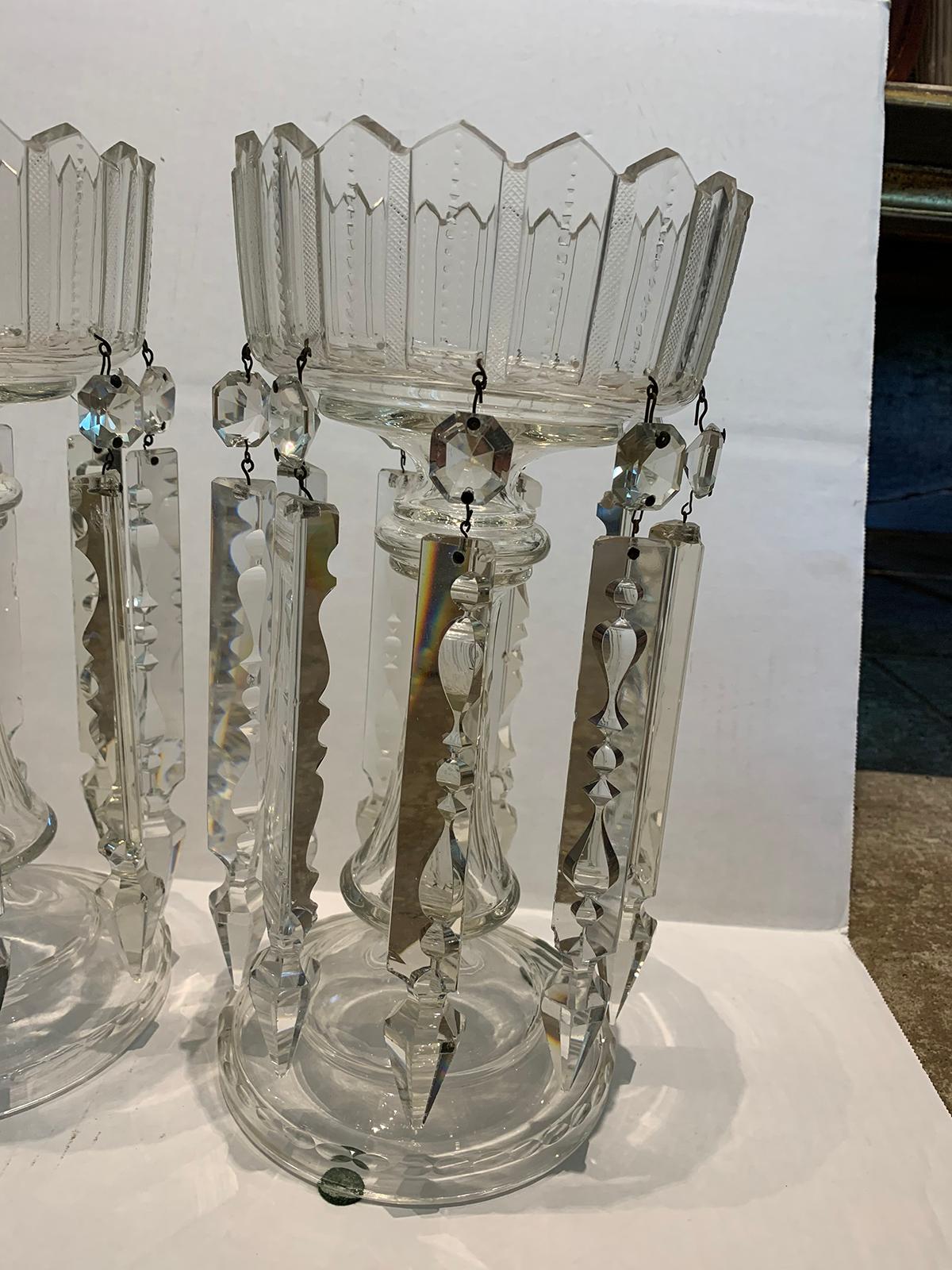 Pair of 19th Century Continental Clear Cut Crystal Mantel Lusters with Prisms In Good Condition In Atlanta, GA