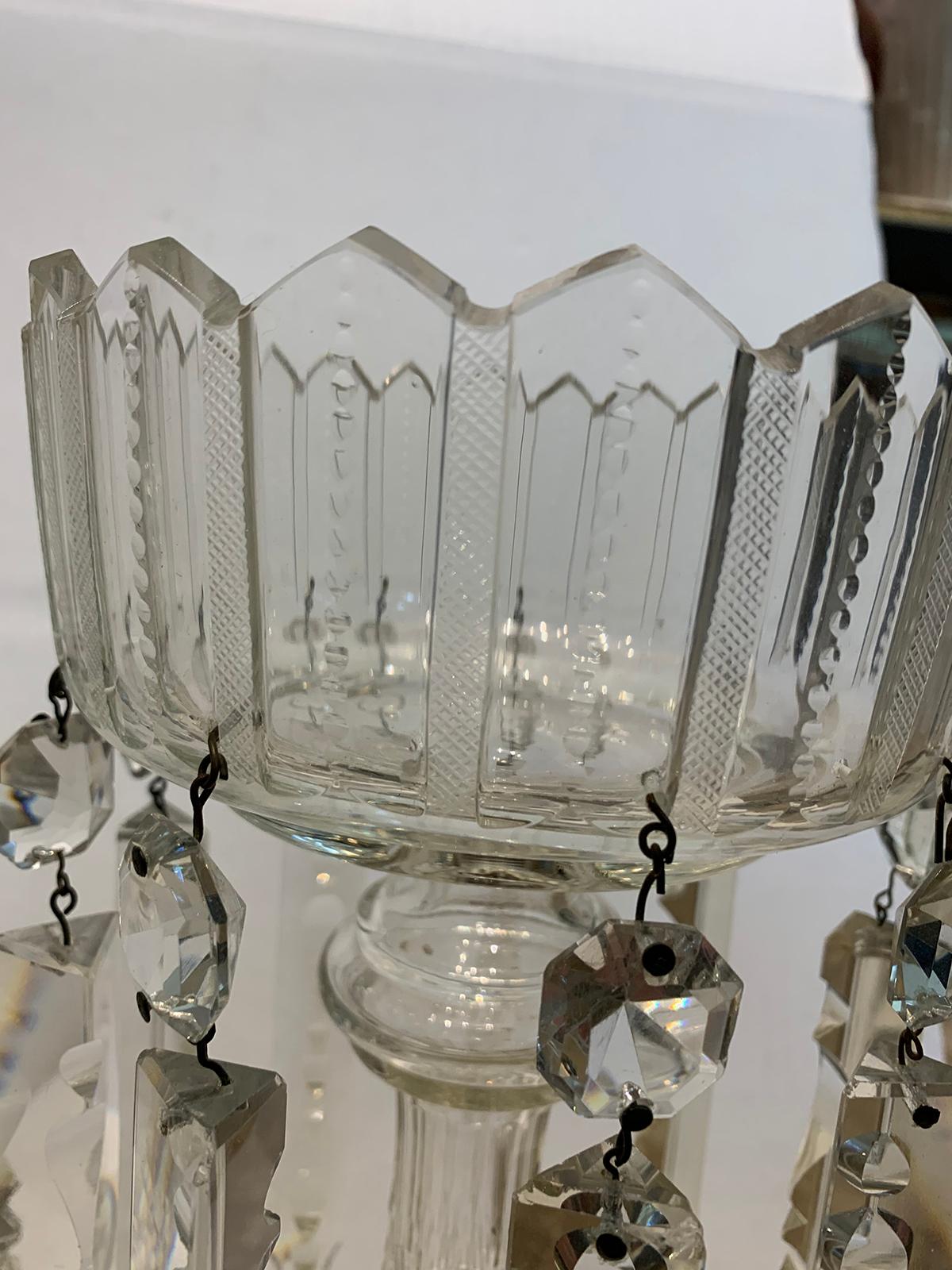 Pair of 19th Century Continental Clear Cut Crystal Mantel Lusters with Prisms 4