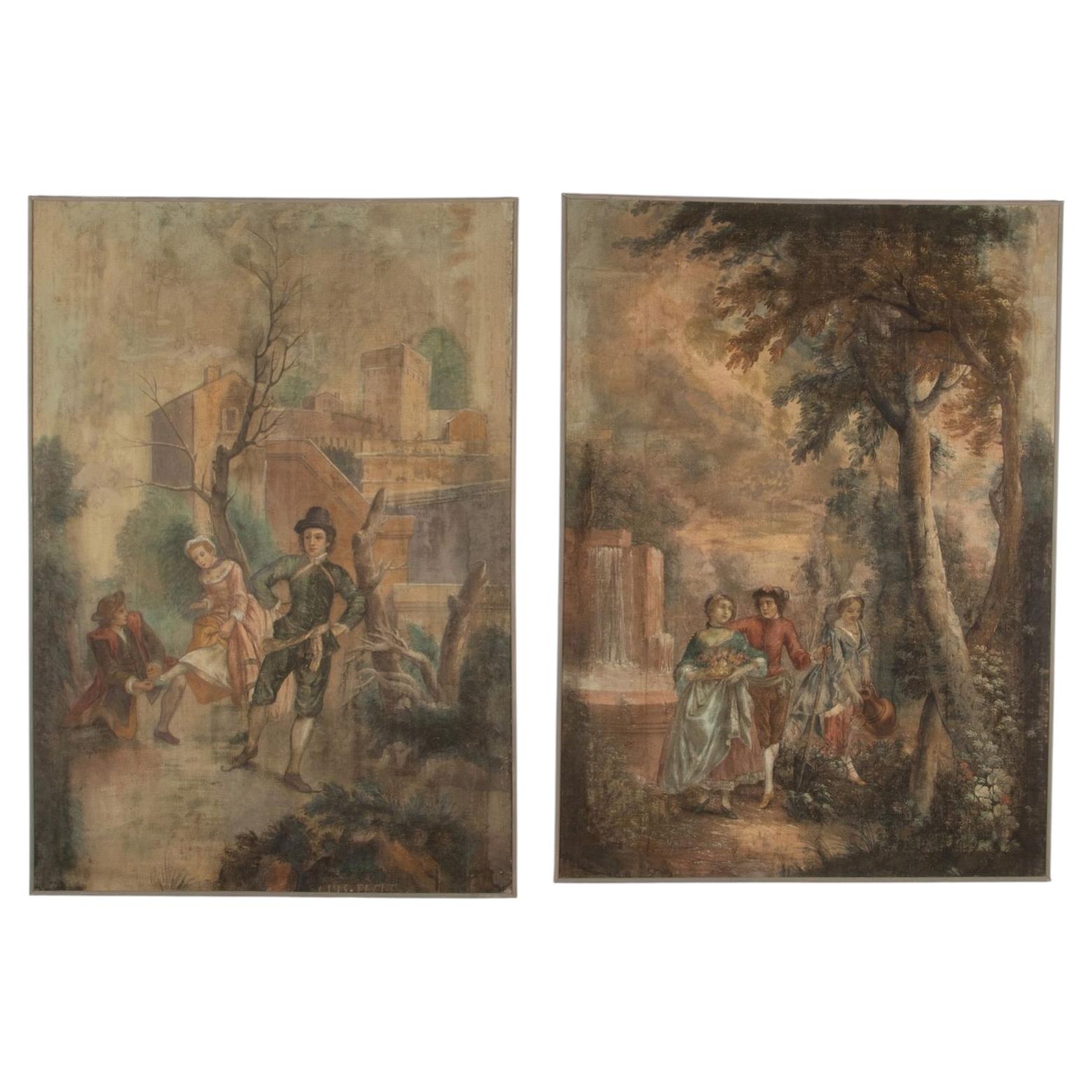 Coppia di pannelli in tessuto dipinto del XIX secolo in stile continentale