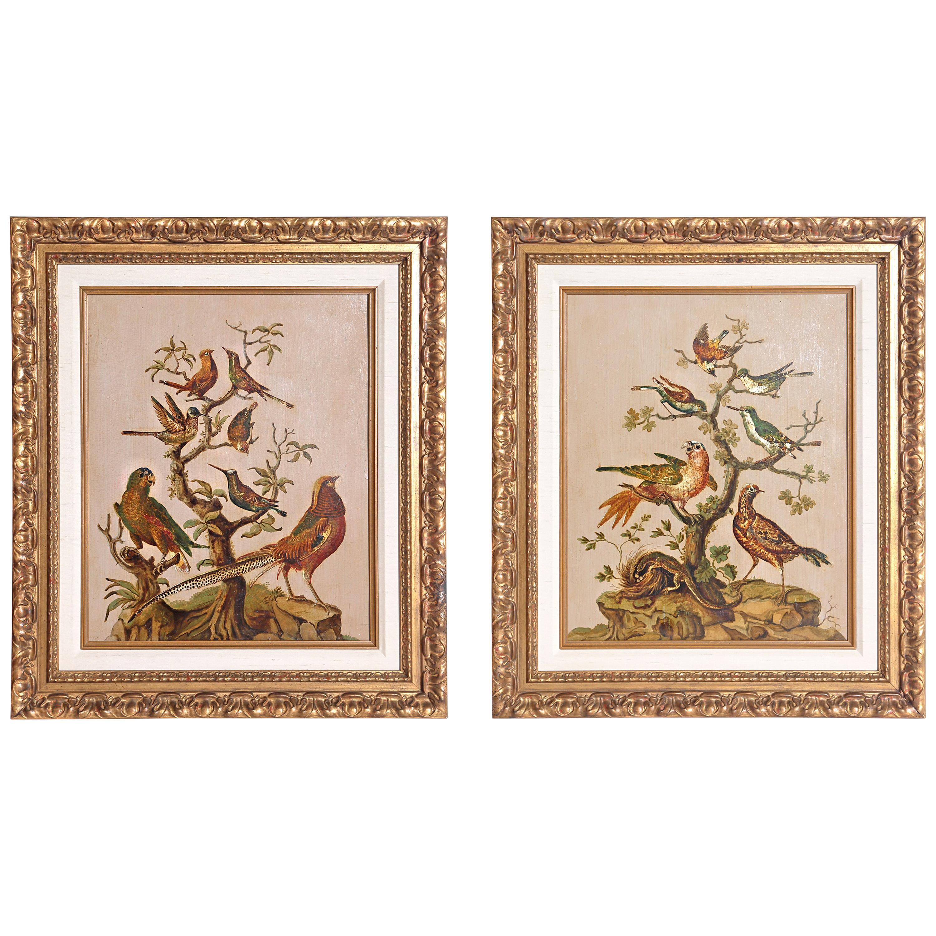 Pair of 19th Century Continental Paintings of Birds on Board