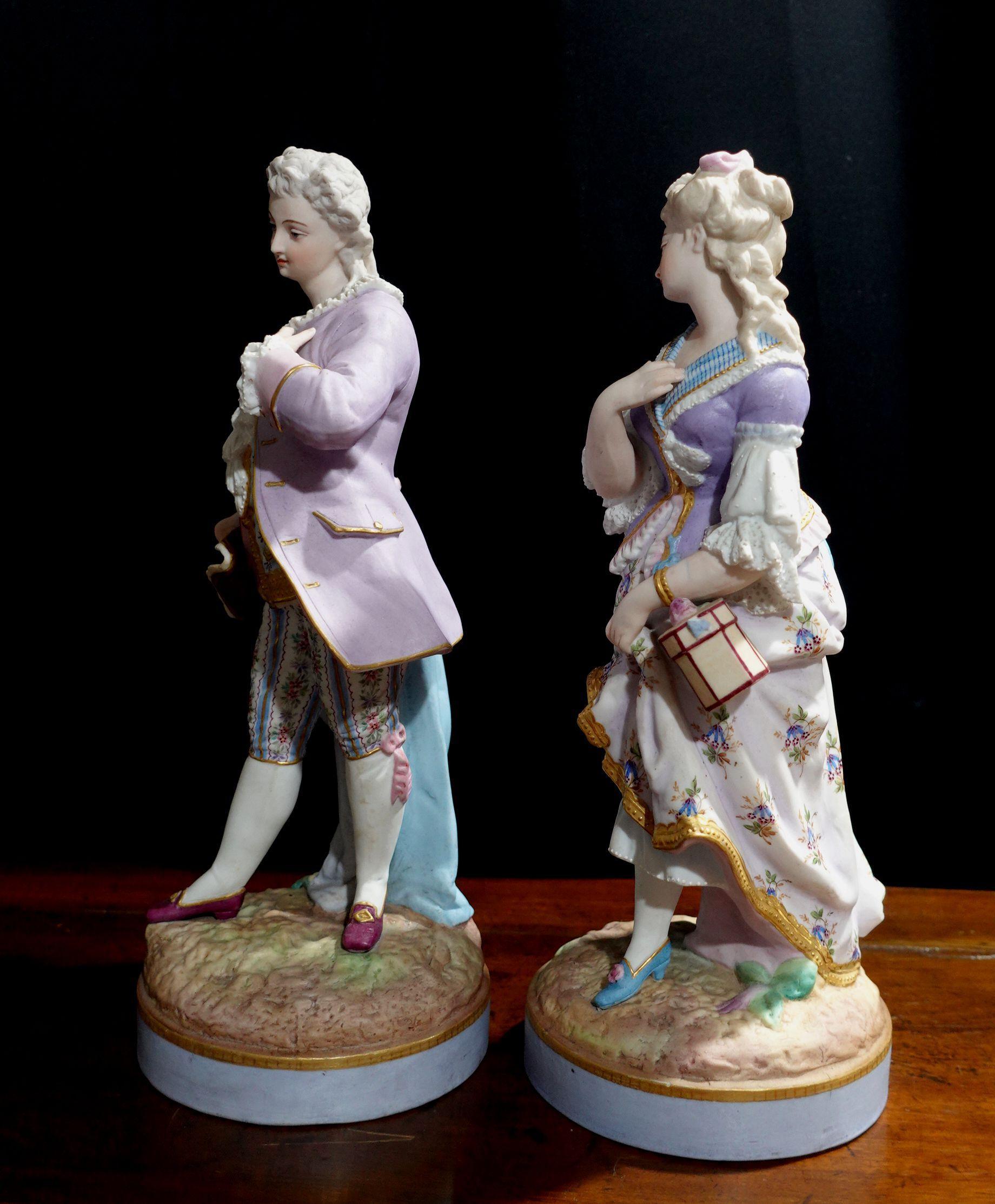 Pair of 19th Century Continental Porcelain Statues, Gentleman and Lady For Sale 5