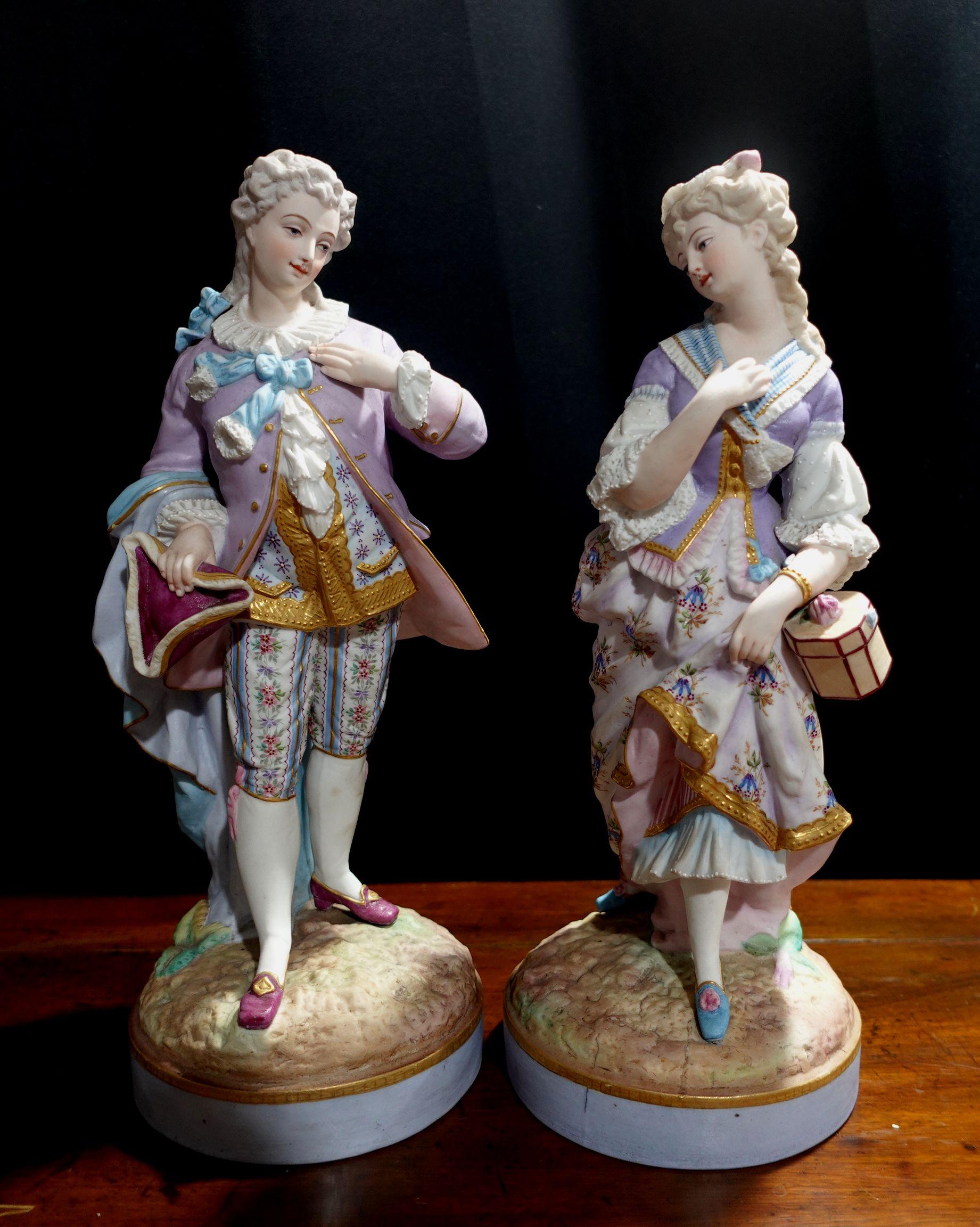 A beautiful Pair of 19th Century Continental Porcelain Statues, Gentleman and Lady.
Intricate clothing and faces are made with high attention and skillful artist, signed in the bottoms.



 