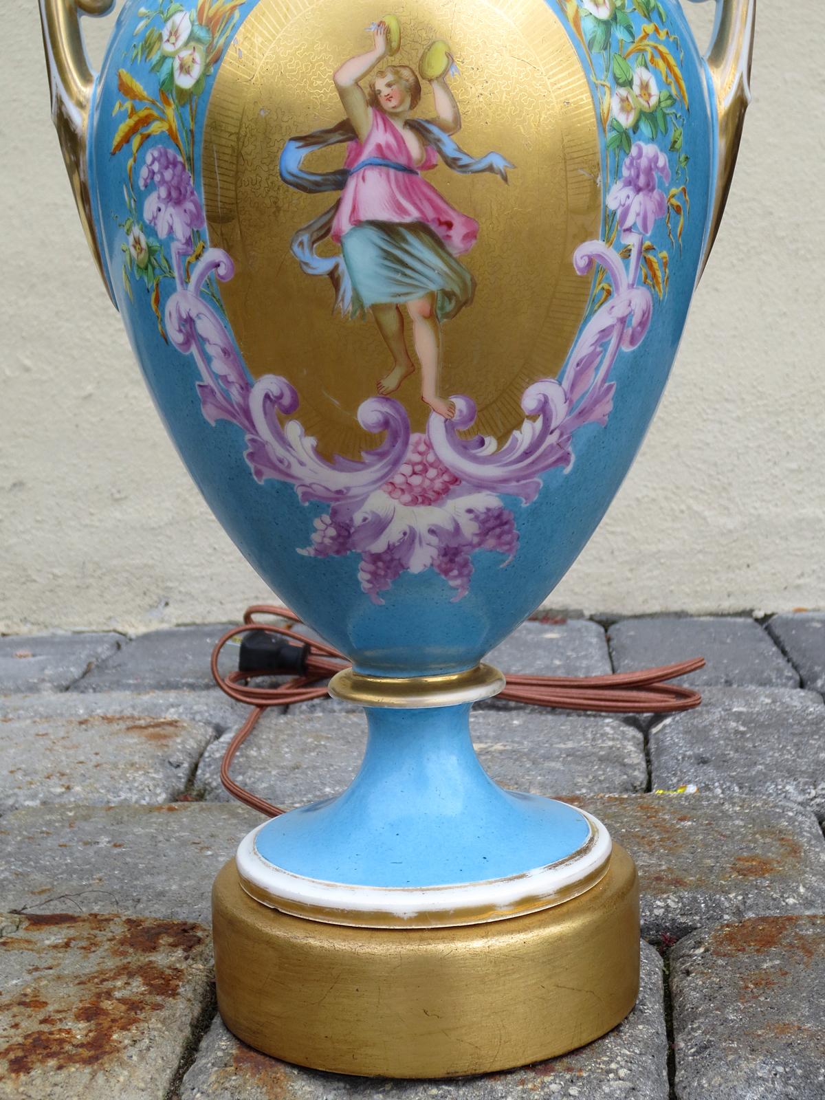 European Pair of 19th Century Continental Porcelain Urns as Lamps on Custom Gilt Bases For Sale