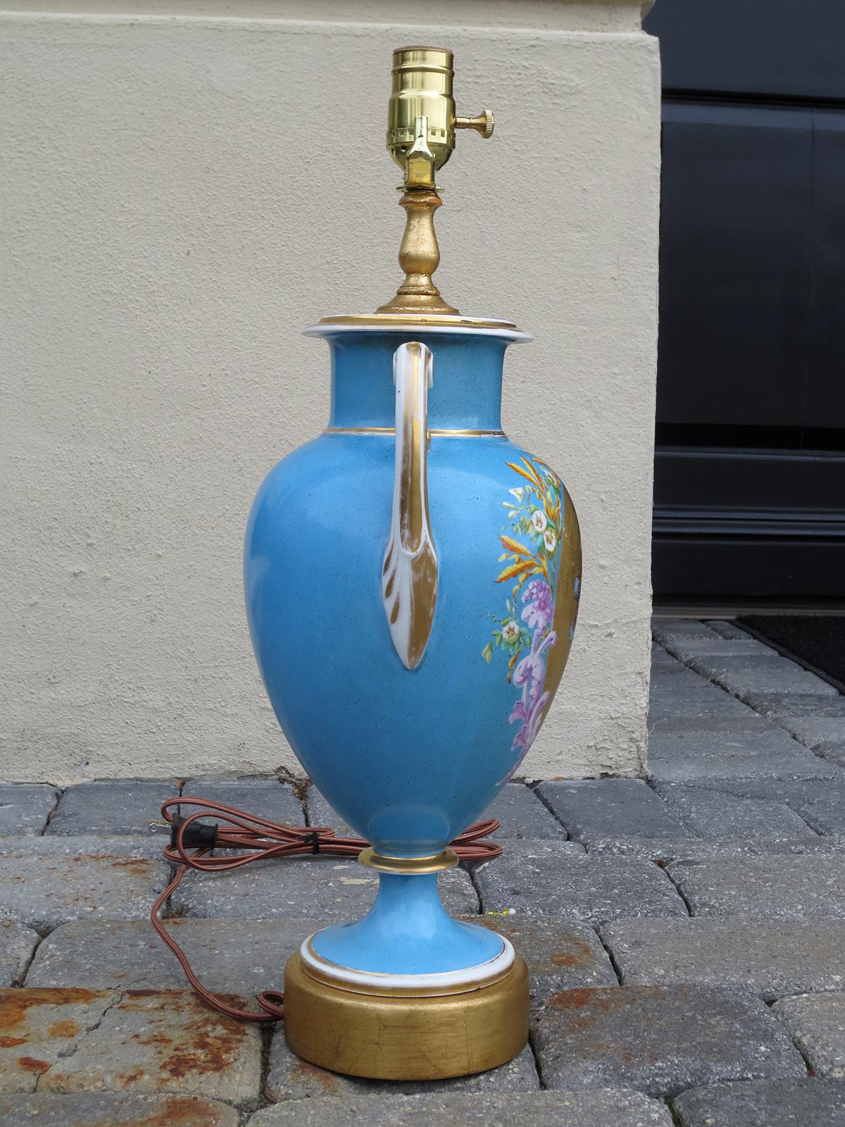 Pair of 19th Century Continental Porcelain Urns as Lamps on Custom Gilt Bases In Good Condition For Sale In Atlanta, GA