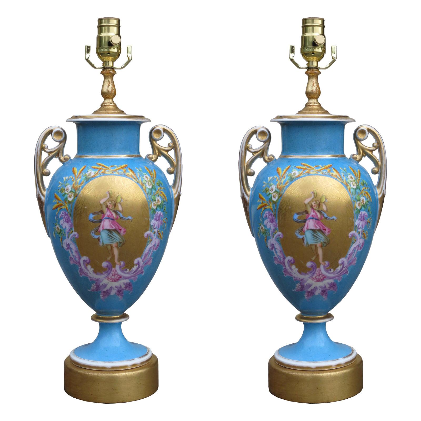 Pair of 19th Century Continental Porcelain Urns as Lamps on Custom Gilt Bases For Sale