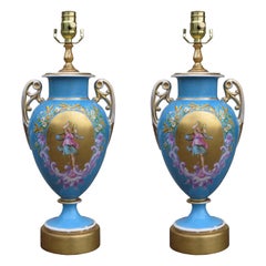 Pair of 19th Century Continental Porcelain Urns as Lamps on Custom Gilt Bases