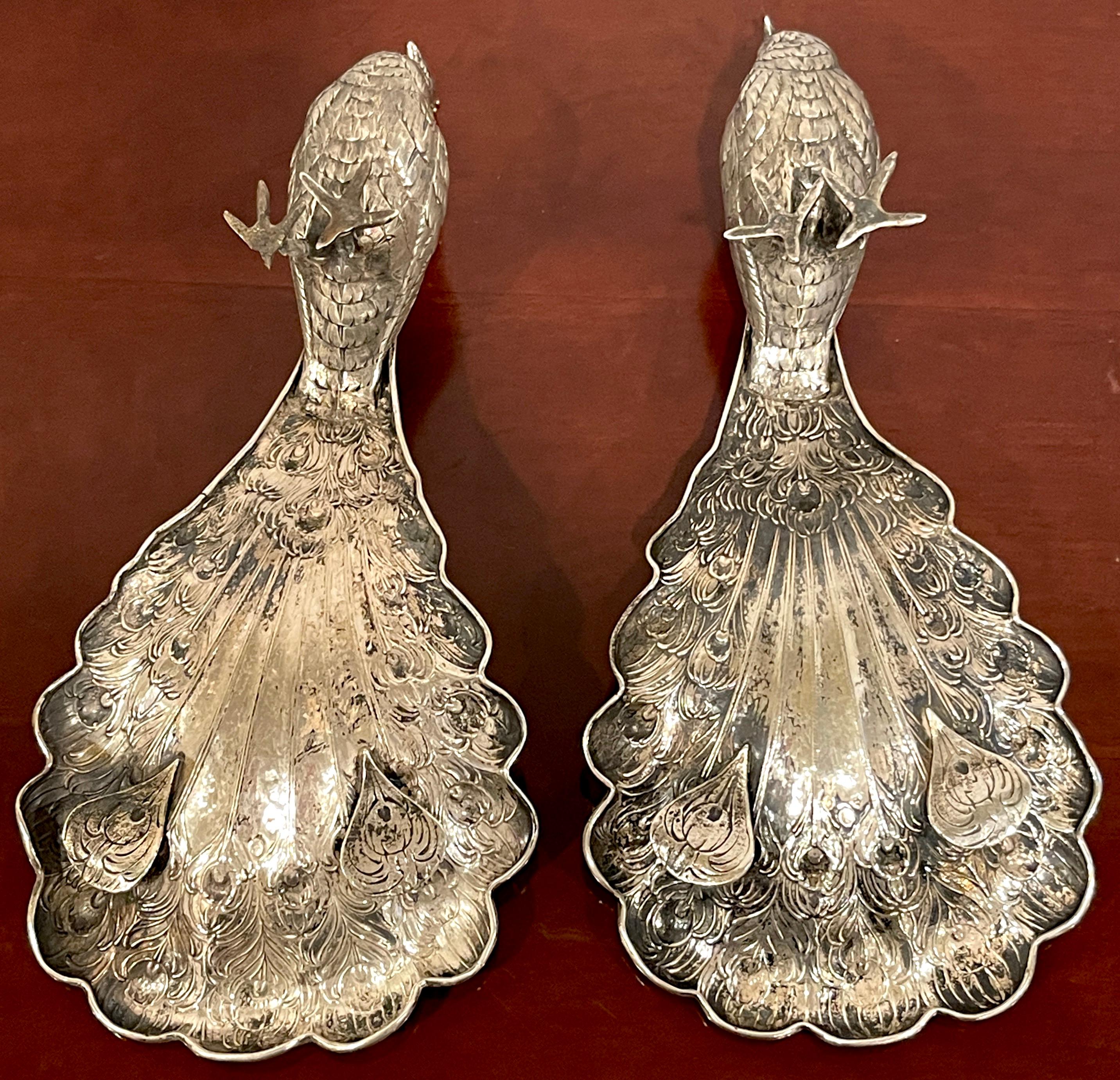 Pair of 19th Century Continental Silver Table Figures of Peacocks For Sale 4
