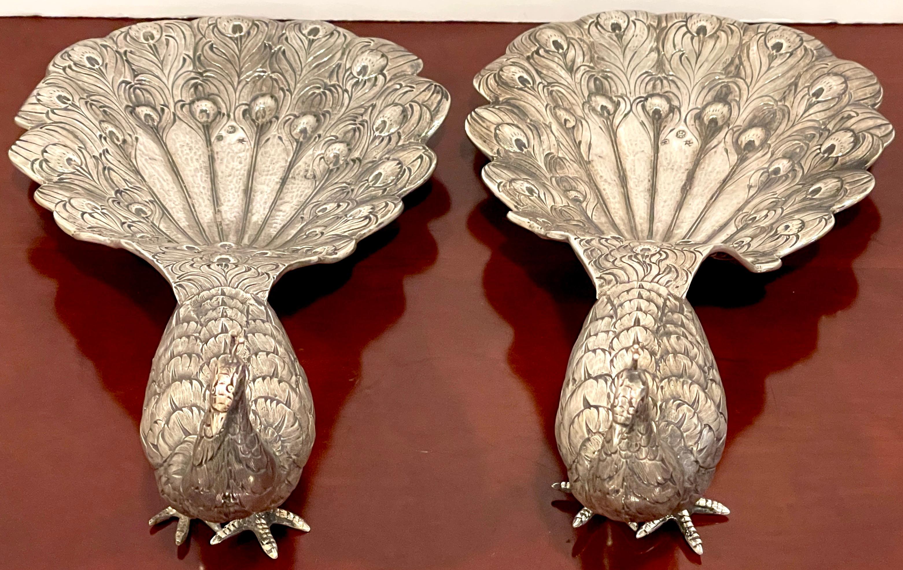 German Pair of 19th Century Continental Silver Table Figures of Peacocks For Sale
