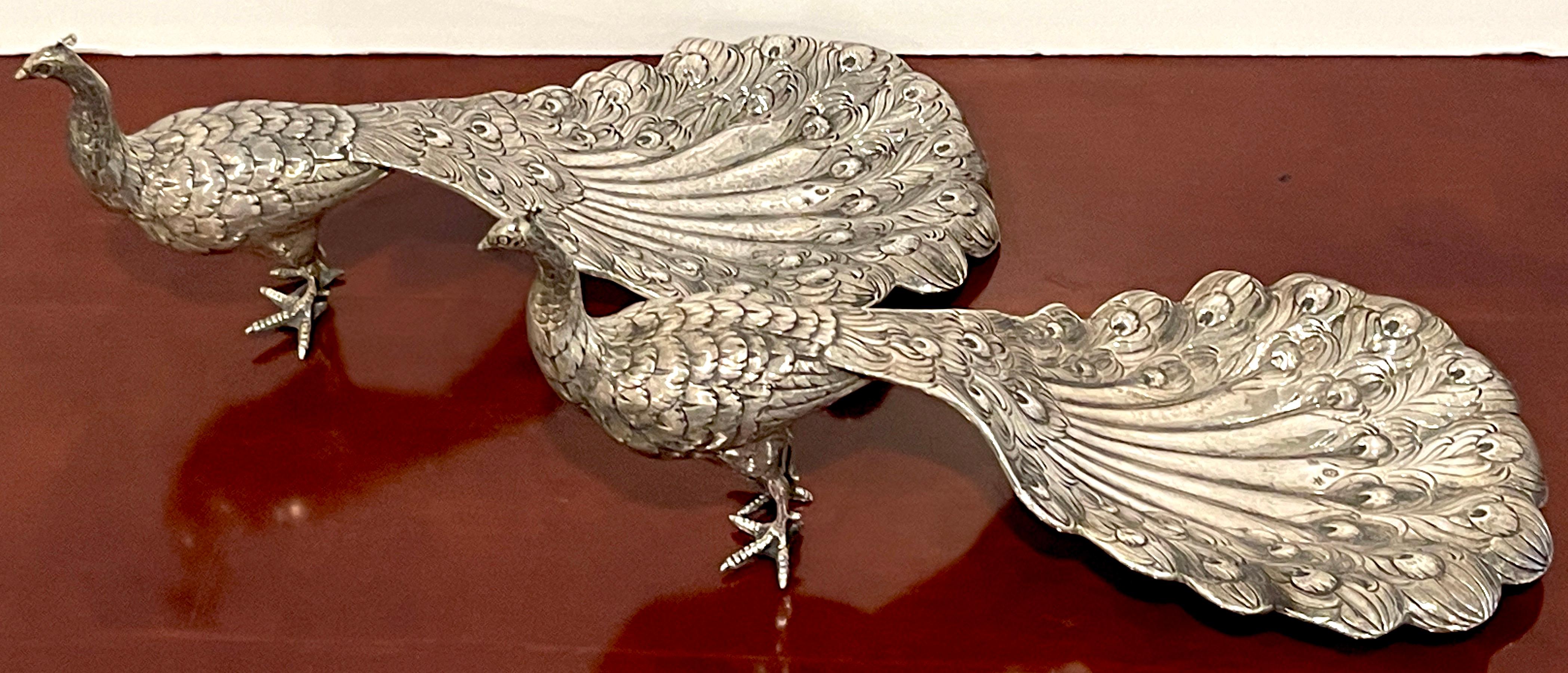 Cast Pair of 19th Century Continental Silver Table Figures of Peacocks For Sale