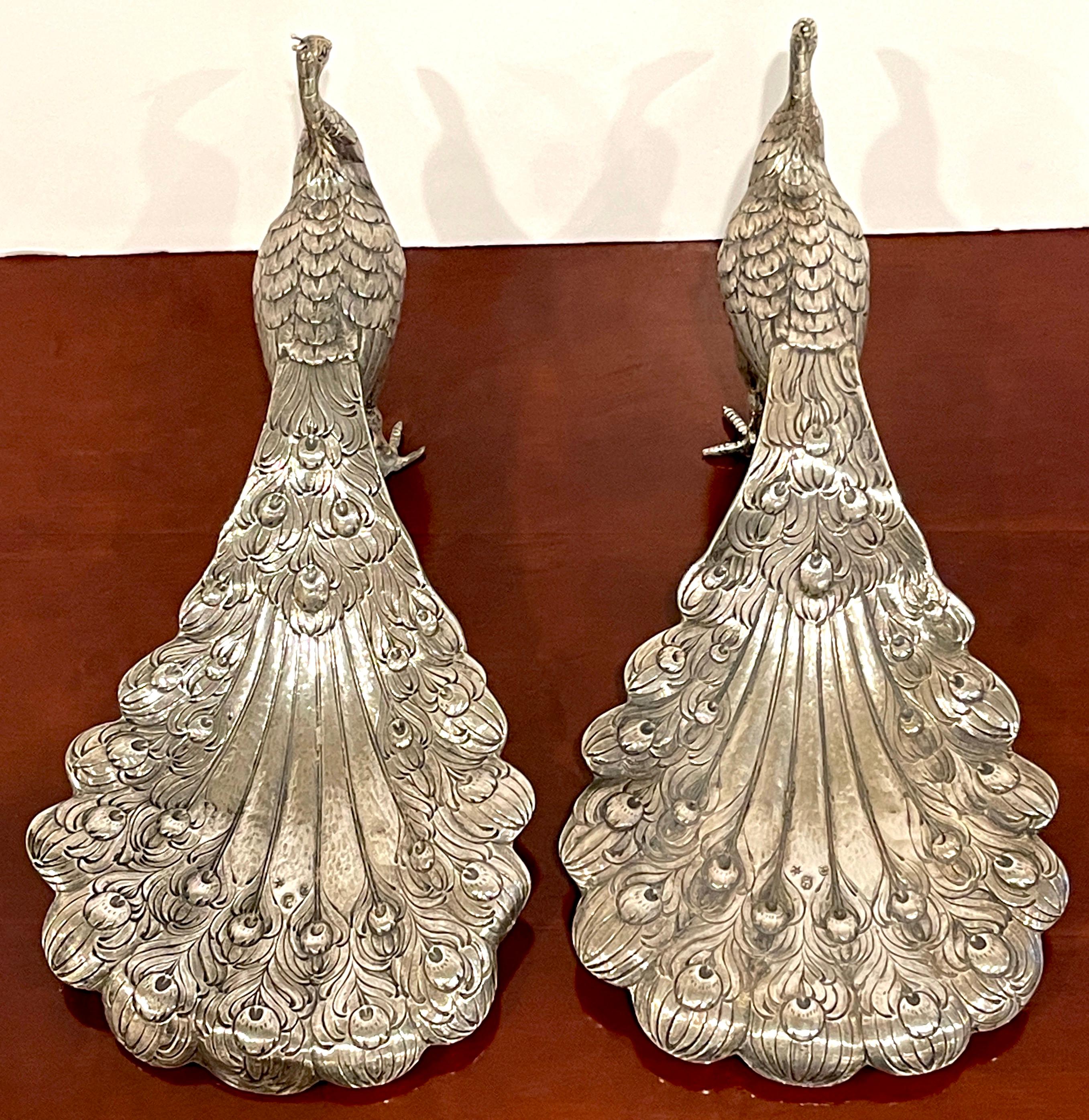 Sterling Silver Pair of 19th Century Continental Silver Table Figures of Peacocks For Sale