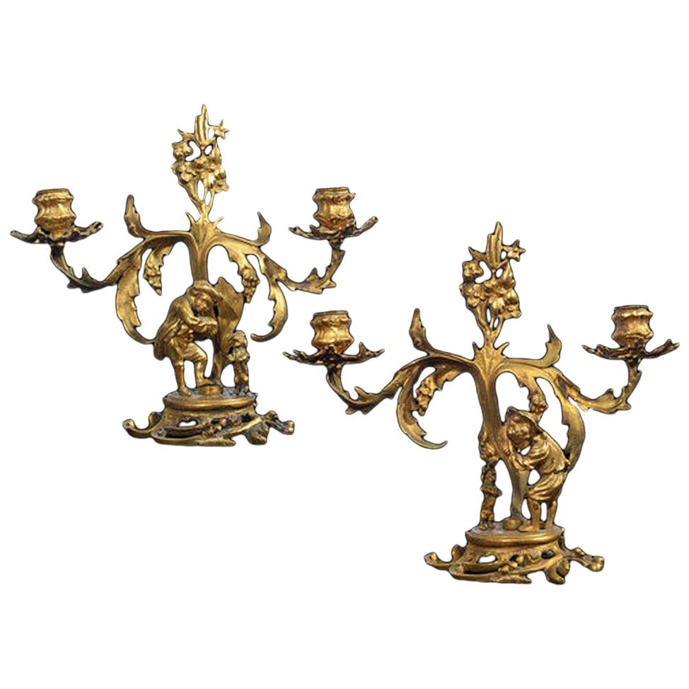 Pair of 19th Century Continental Two Branch Gilt Metal Candelabra For Sale