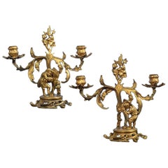 Pair of 19th Century Continental Two Branch Gilt Metal Candelabra