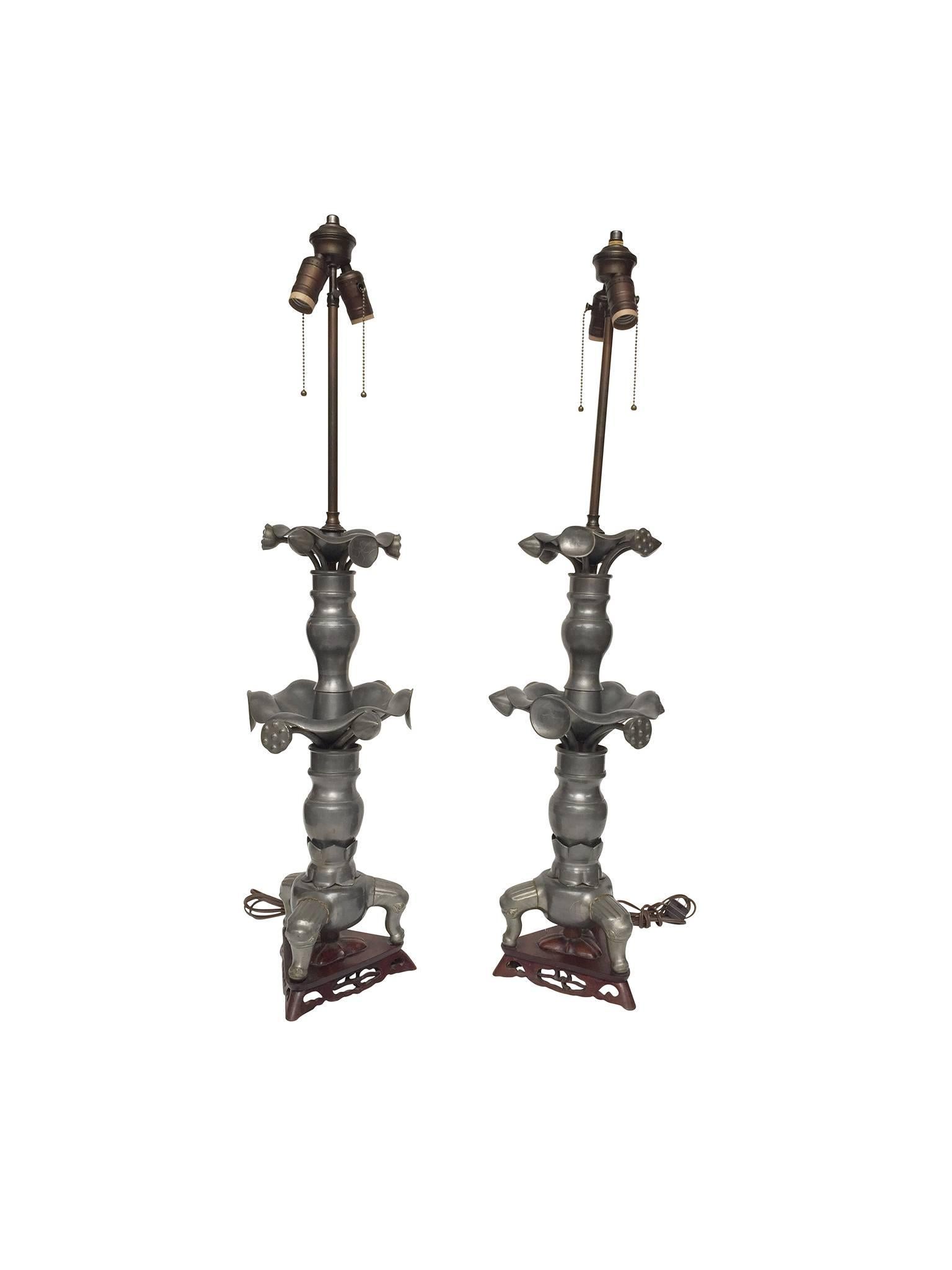Asian Pair of 19th Century Converted Pewter Vase Lamps in the Style of James Mont