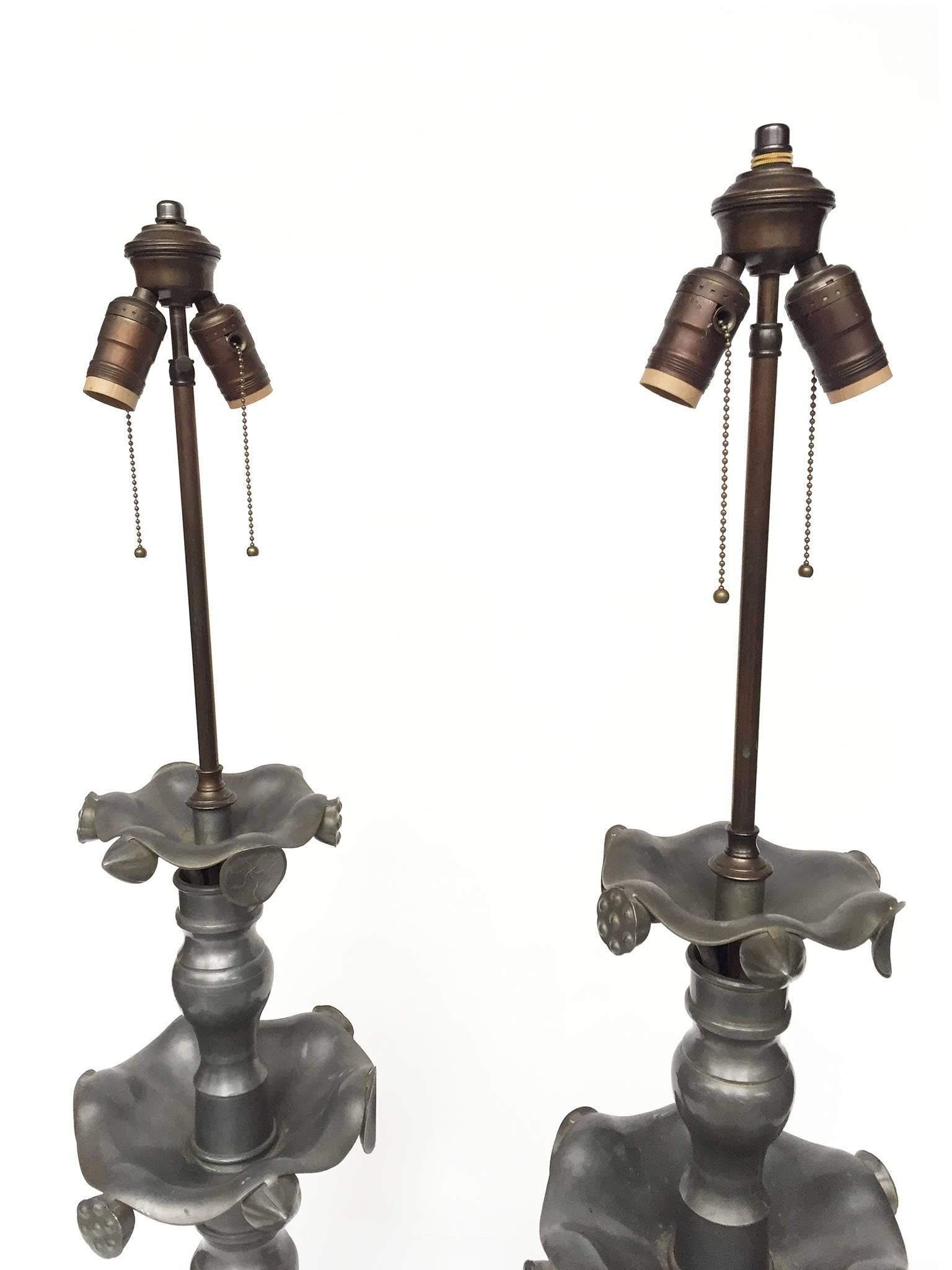 20th Century Pair of 19th Century Converted Pewter Vase Lamps in the Style of James Mont