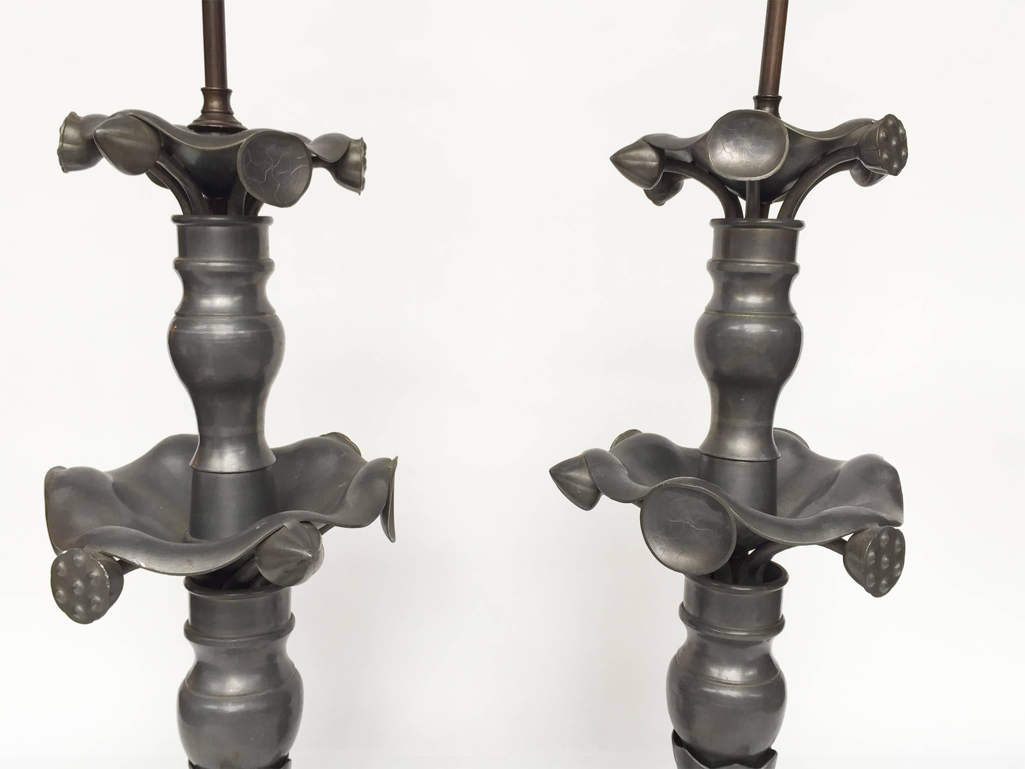 Pair of 19th Century Converted Pewter Vase Lamps in the Style of James Mont 1