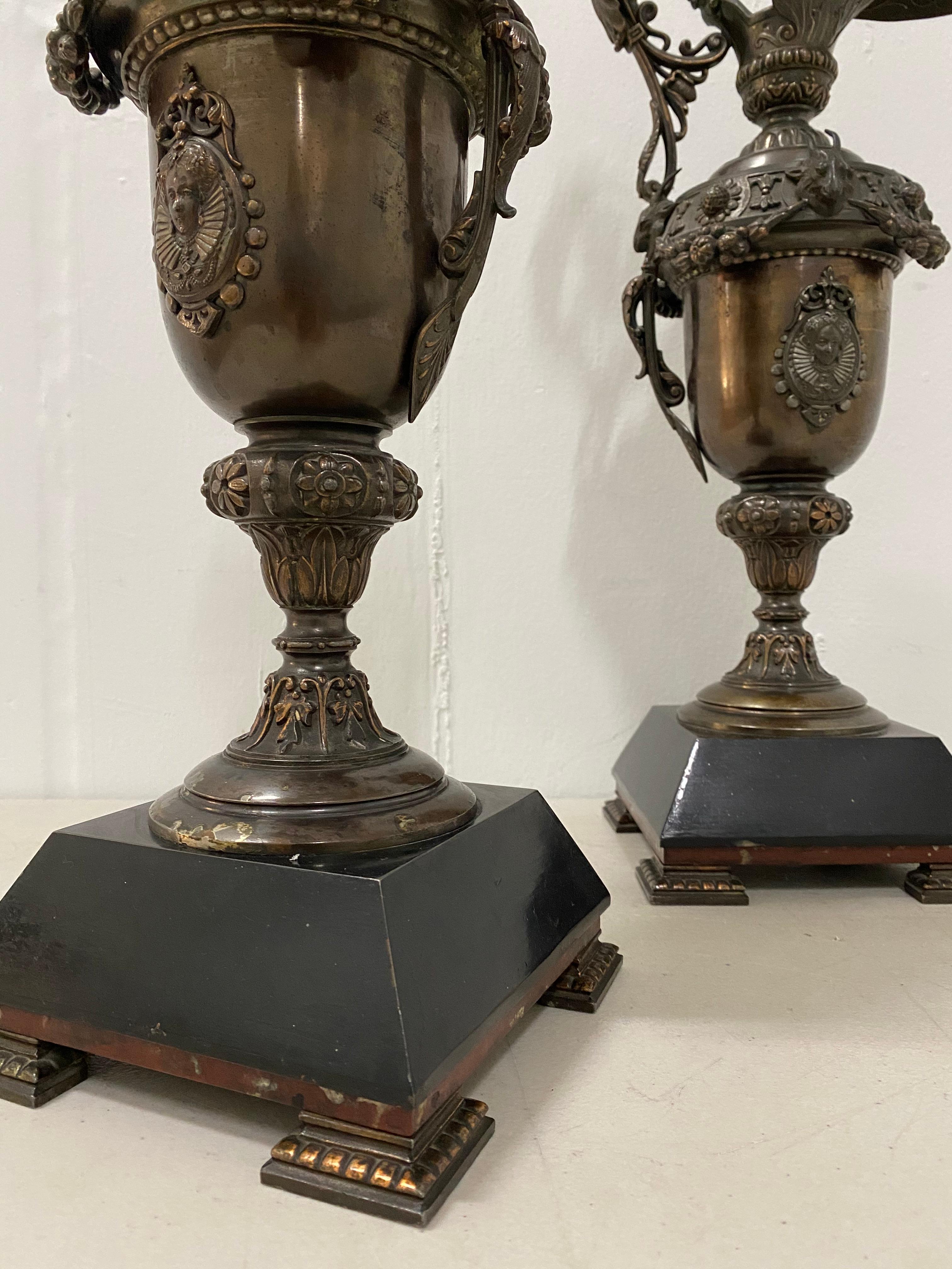 Hand-Crafted Pair of 19th Century Copper Plate Spelter Ewers For Sale