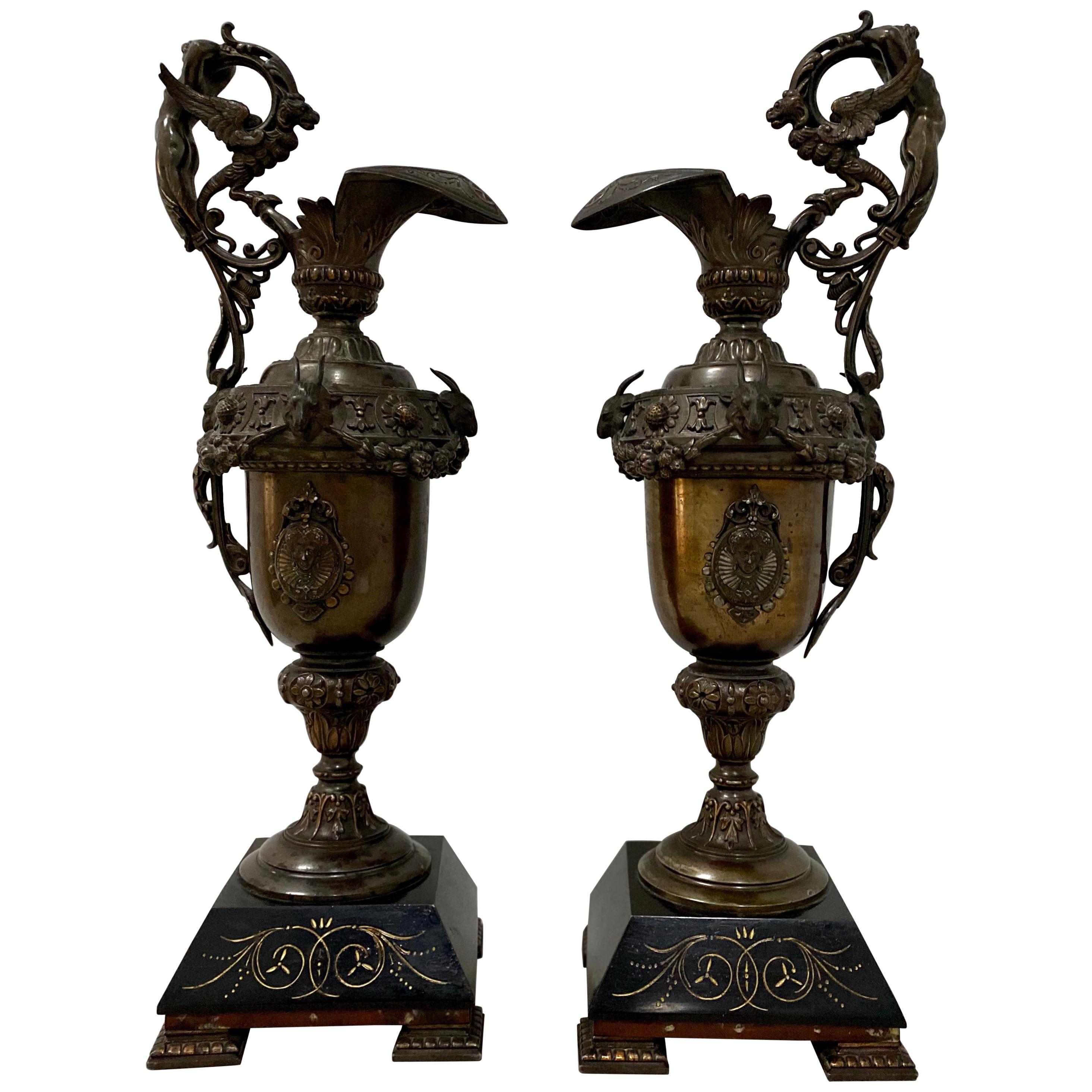 Pair of 19th Century Copper Plate Spelter Ewers For Sale
