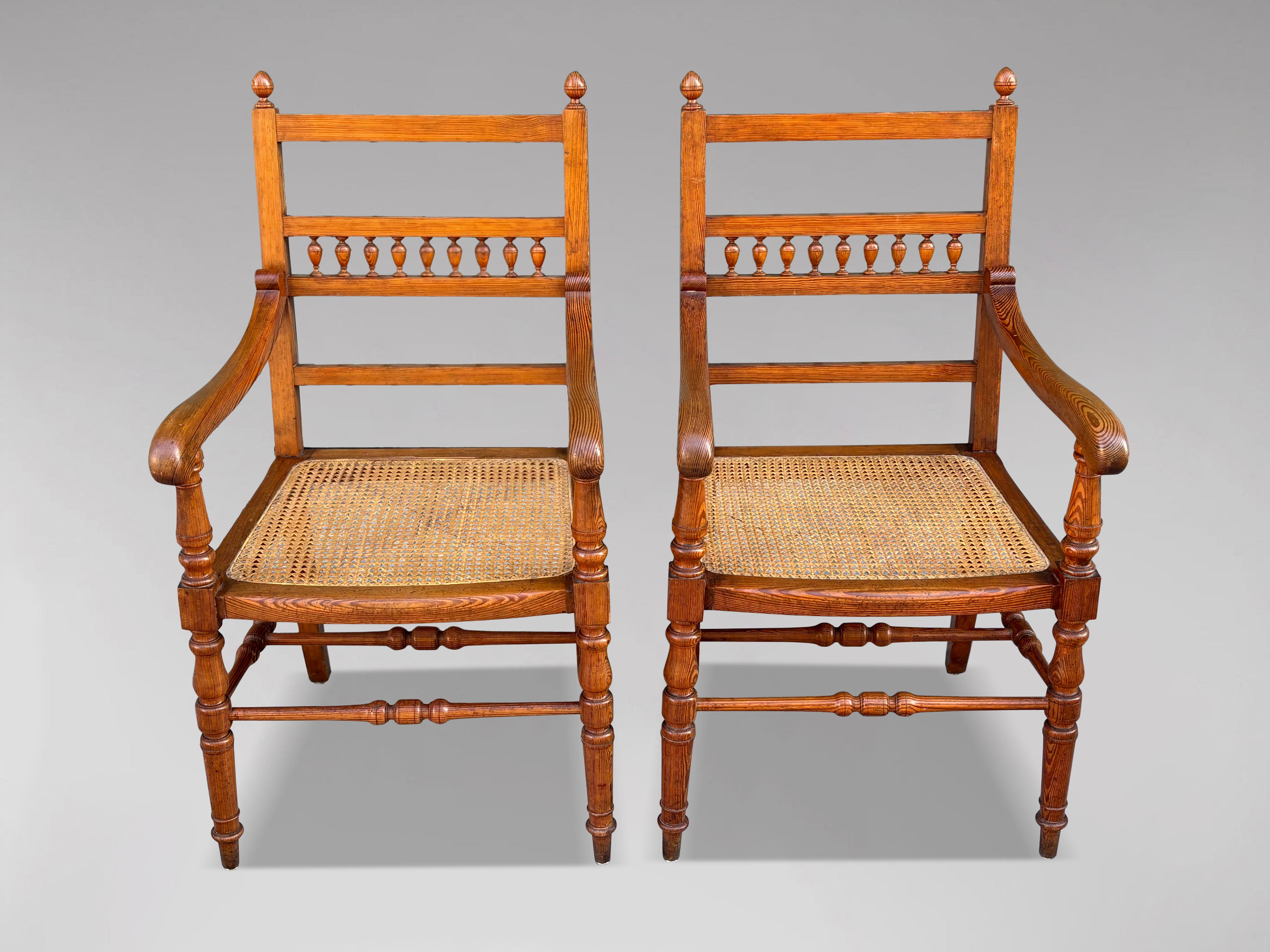 British Pair of 19th Century Country Farmhouse Pitch Pine Armchairs For Sale