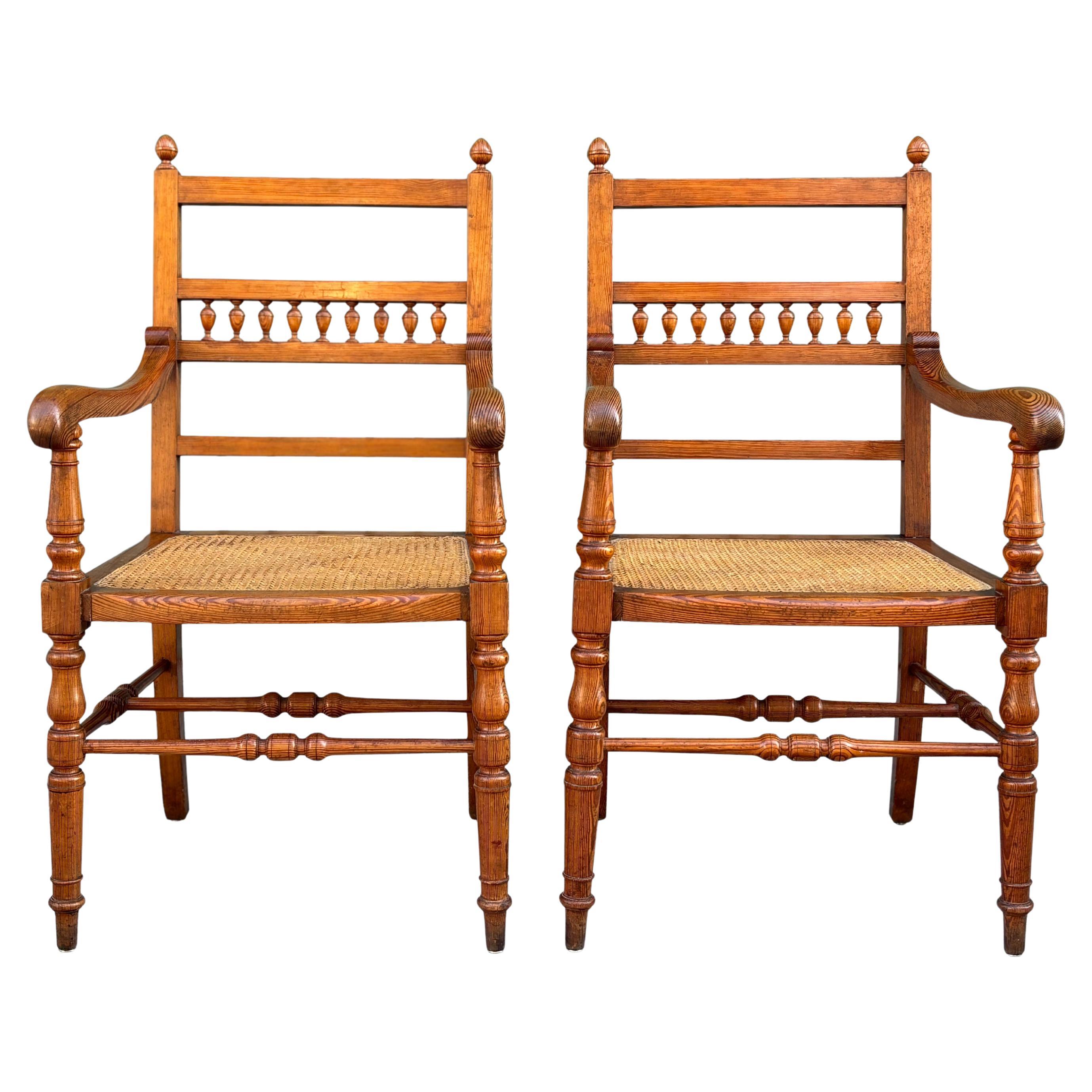 Pair of 19th Century Country Farmhouse Pitch Pine Armchairs For Sale