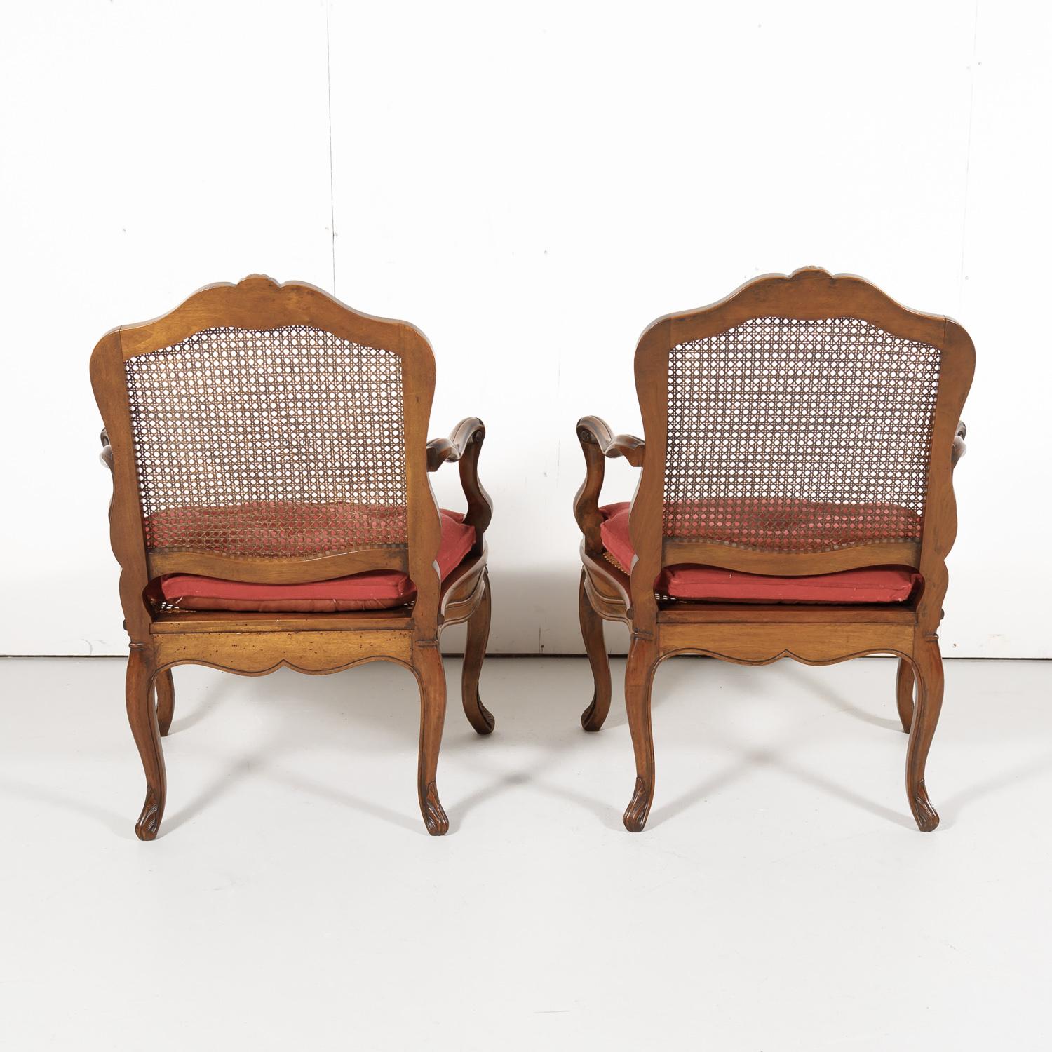 Pair of 19th Century Country French Louis XV Style Walnut and Cane Armchairs 13