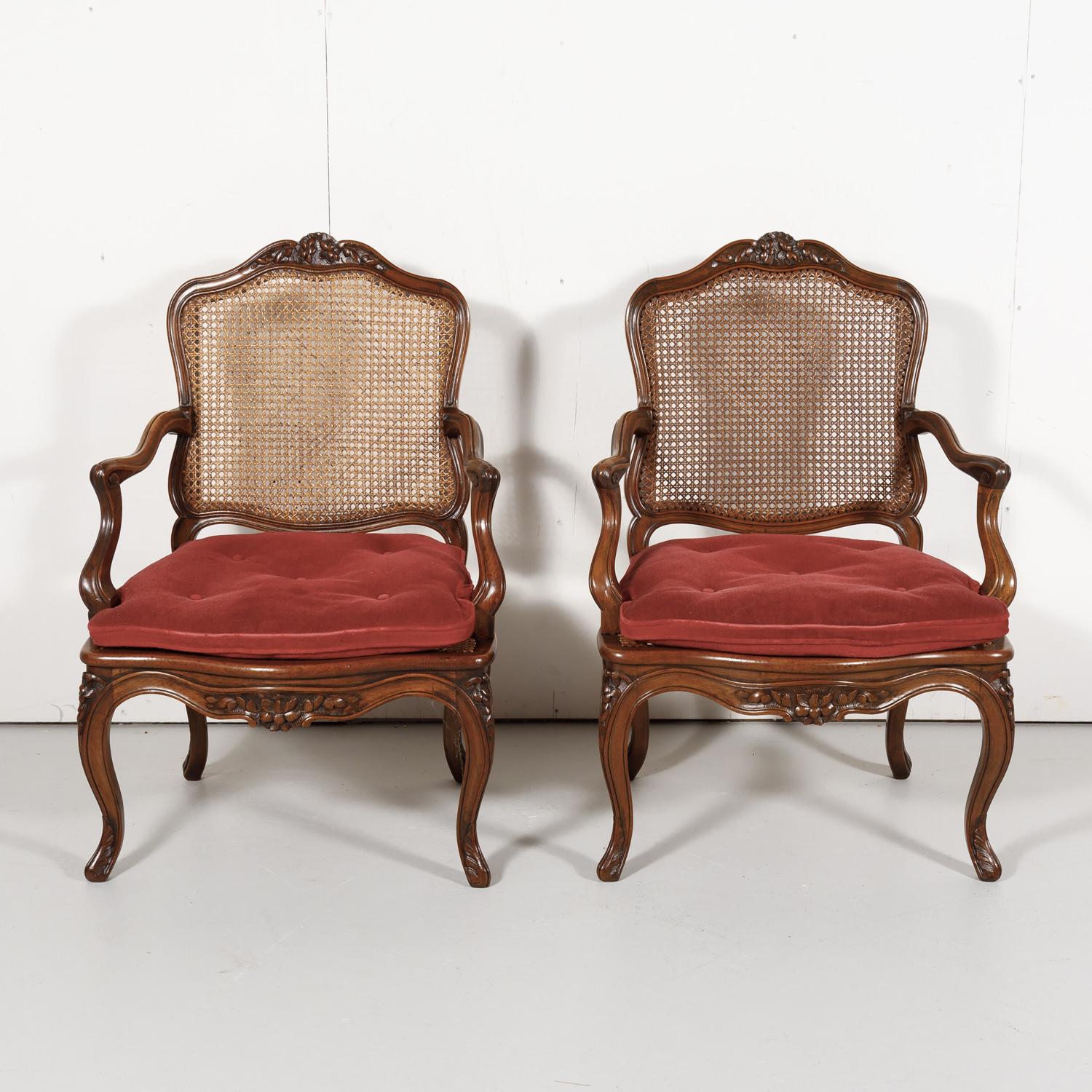Pair of 19th Century Country French Louis XV Style Walnut and Cane Armchairs In Good Condition In Birmingham, AL