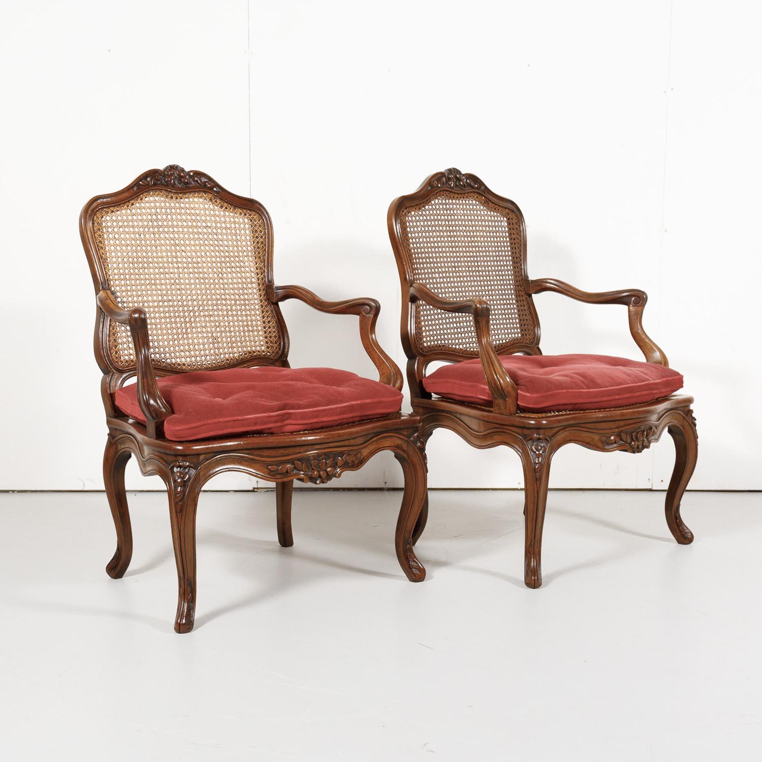 Pair of 19th Century Country French Louis XV Style Walnut and Cane Armchairs 1