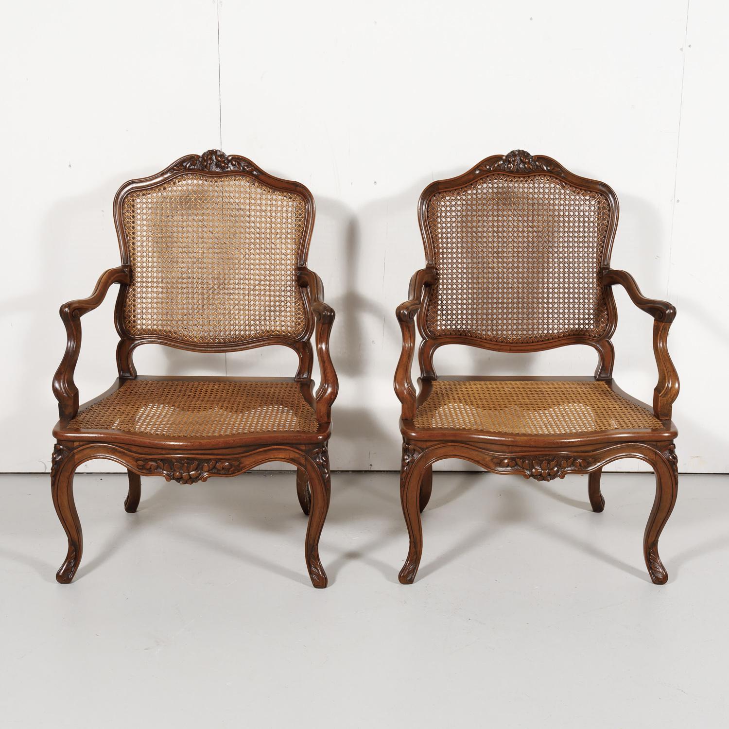 Pair of 19th Century Country French Louis XV Style Walnut and Cane Armchairs 4