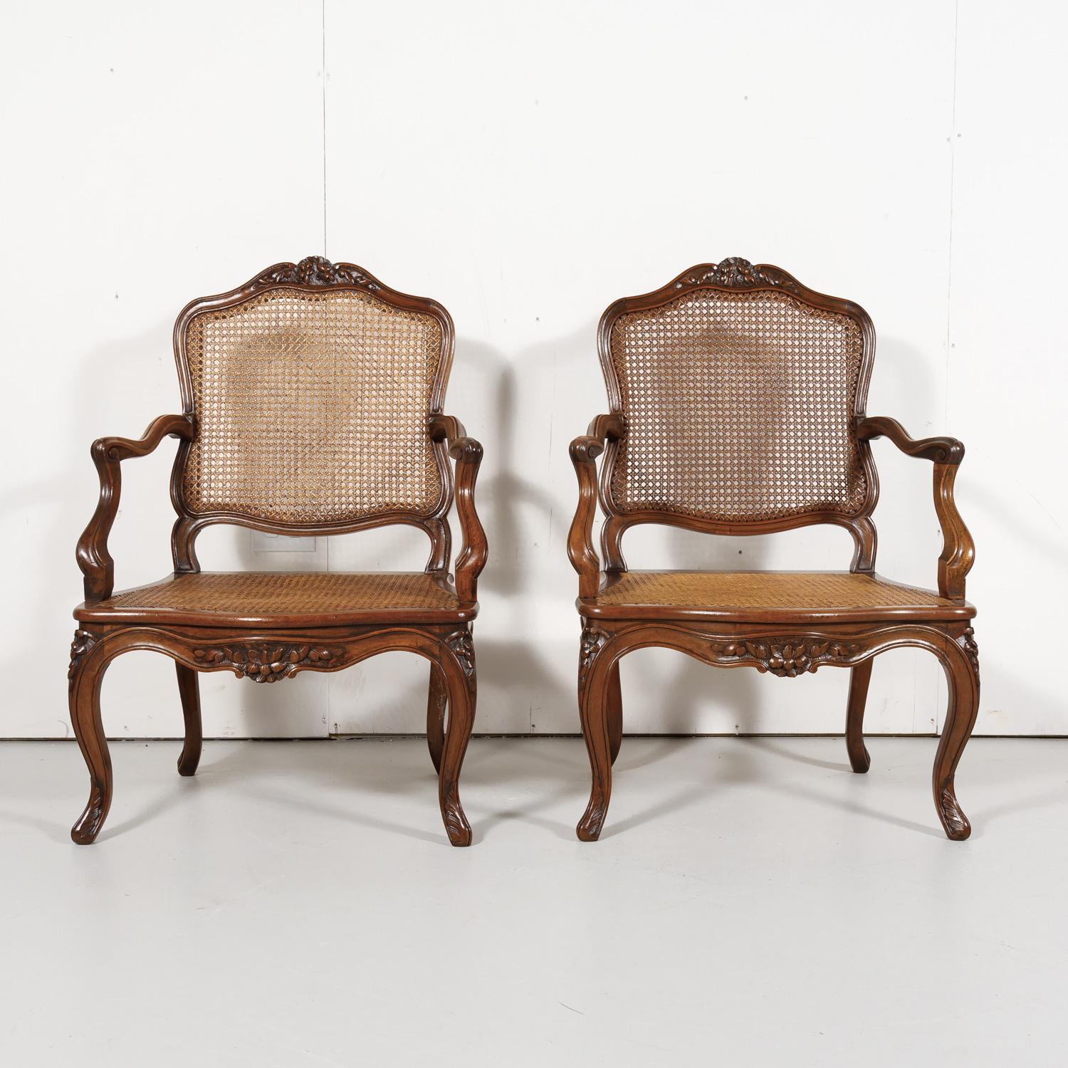 Pair of 19th Century Country French Louis XV Style Walnut and Cane Armchairs 5