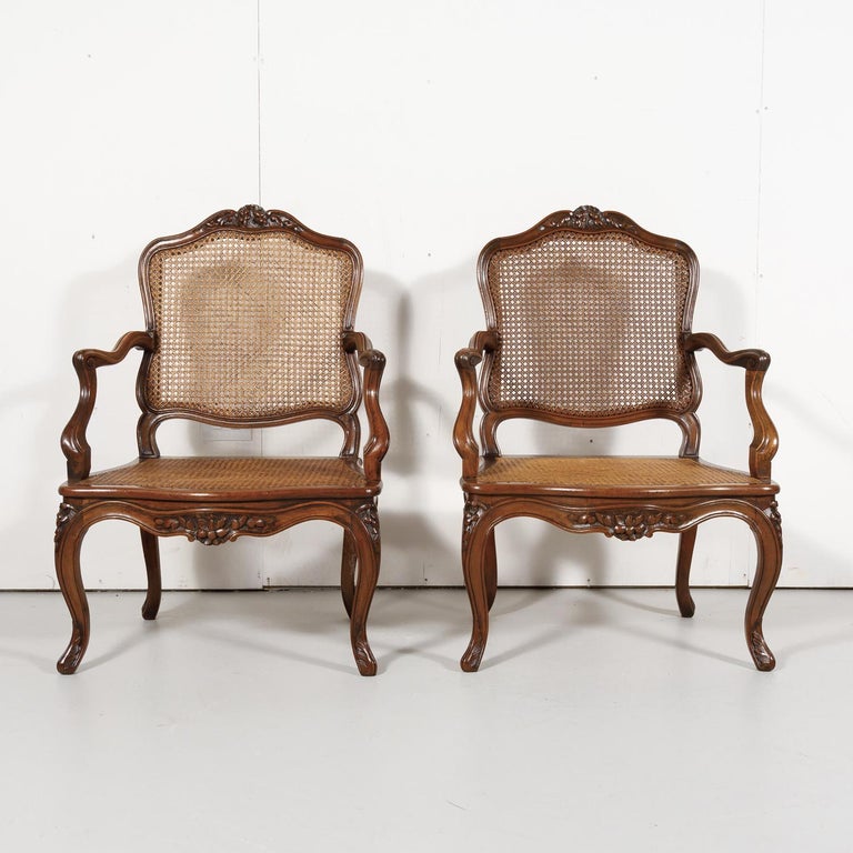 Pair of 19th Century Country French Louis XV Style Walnut and Cane ...