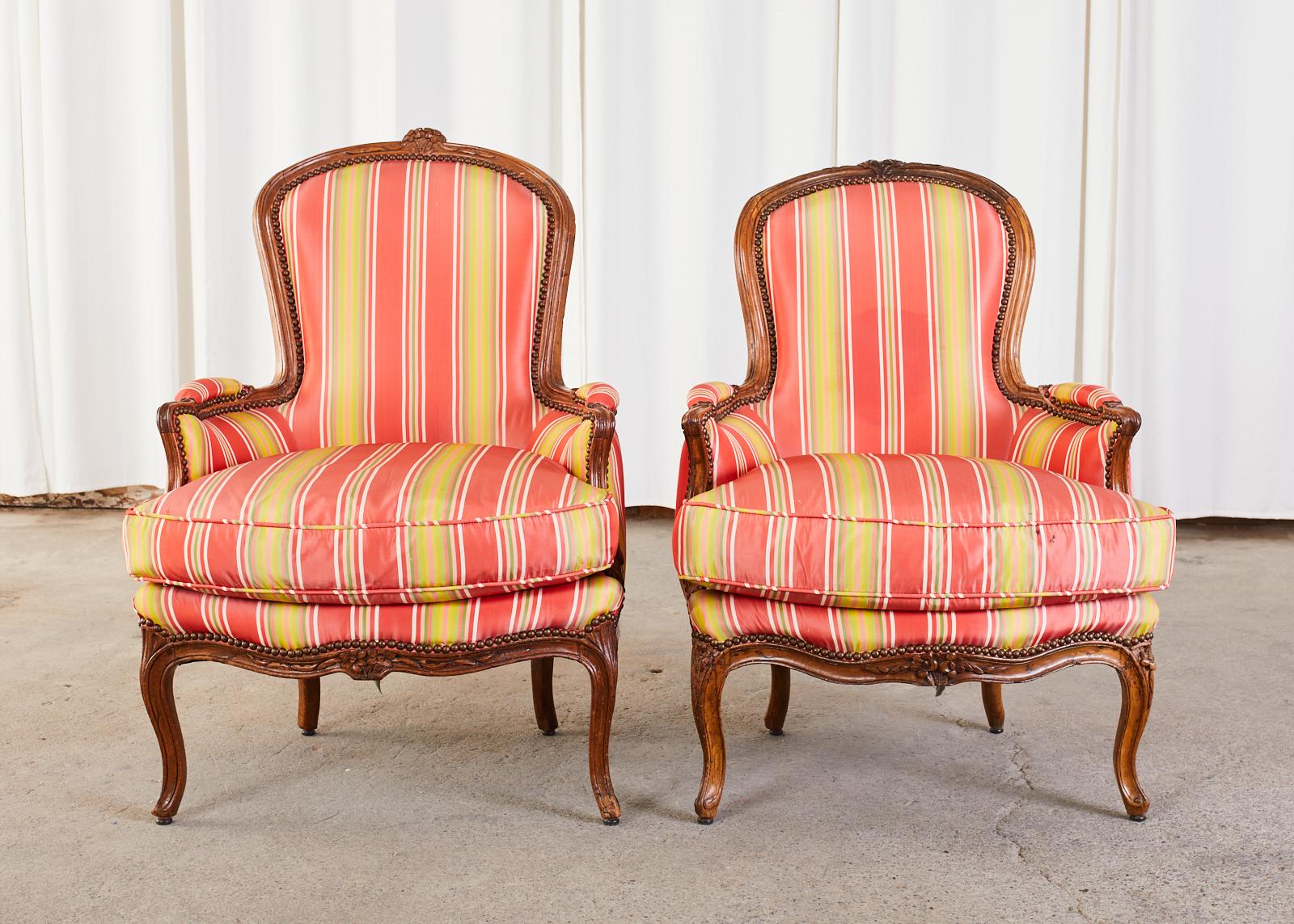 Hand-Crafted Pair of 19th Century Country French Provincial Walnut Bergere Armchairs For Sale