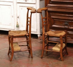 Pair of 19th Century Country French Walnut and Rush Convertible Prayer Chairs
