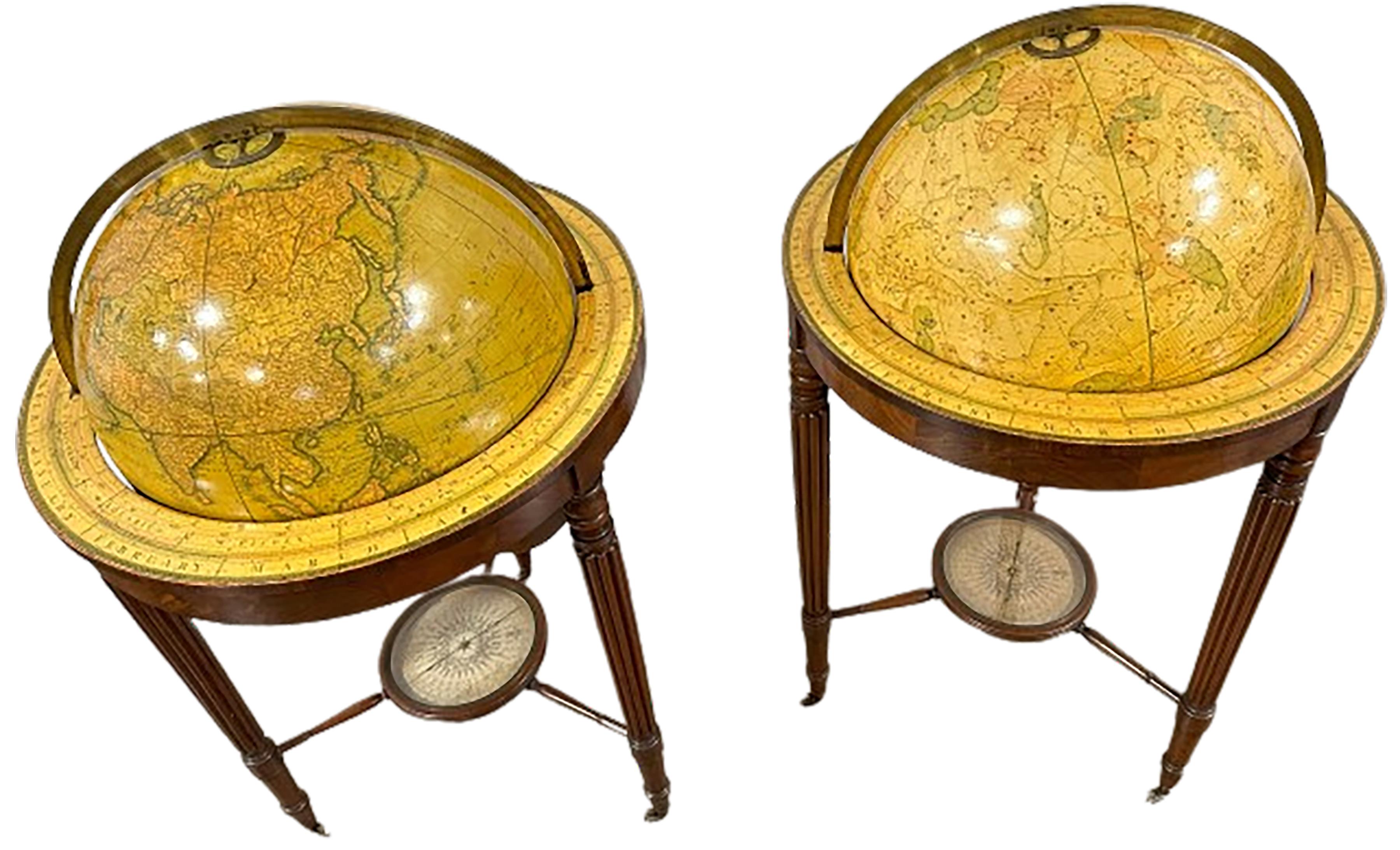 A handsome set of collectable Mid 19th Century library Globes with compasses on castors. Created by George Fredrick Cruchley circa 1850. Compasses sit directly below the globes. Very rare. 

Cruchley's large, detailed library globes offer precise