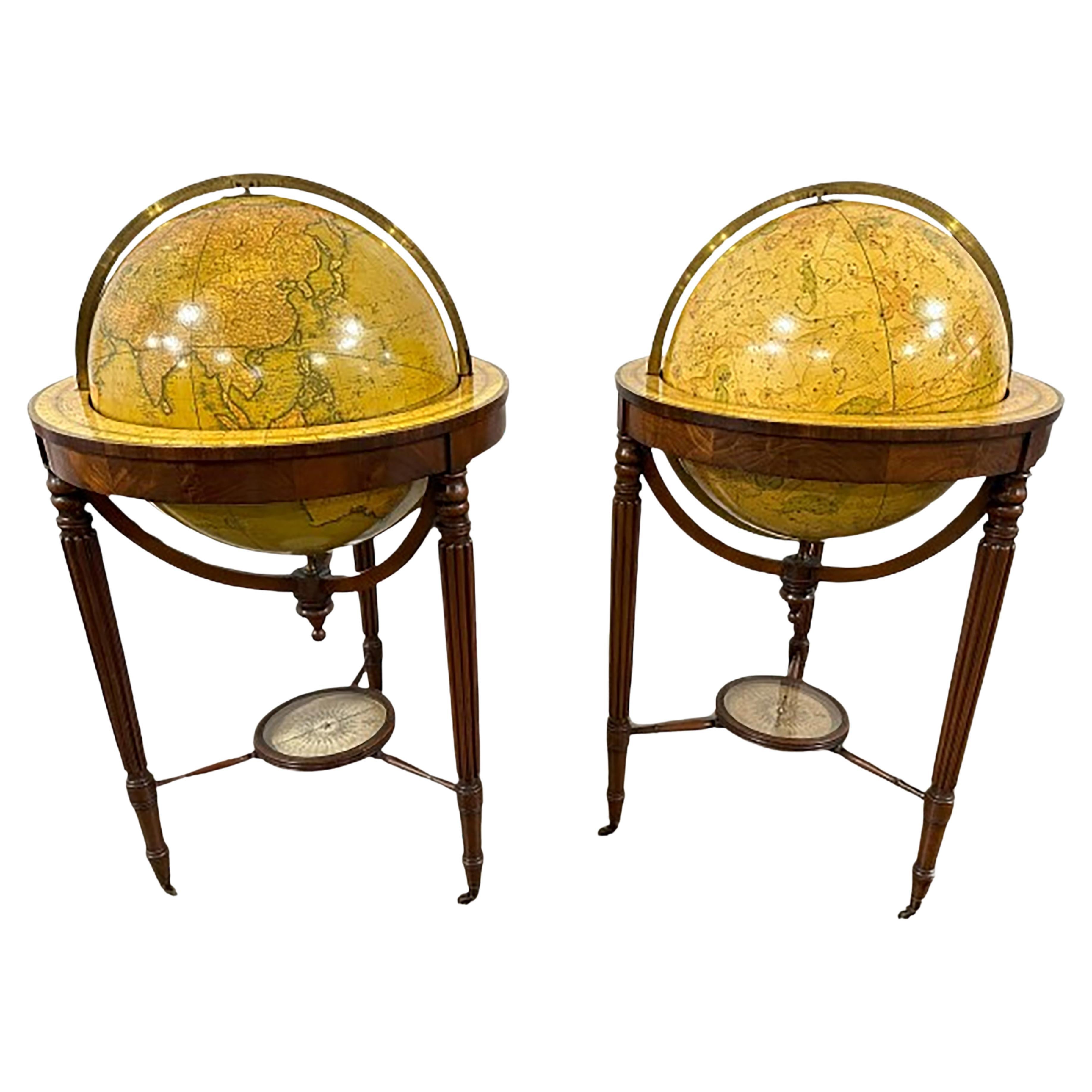 Pair of 19th Century Cruchley Terrestrial Library Globes with Compasses 