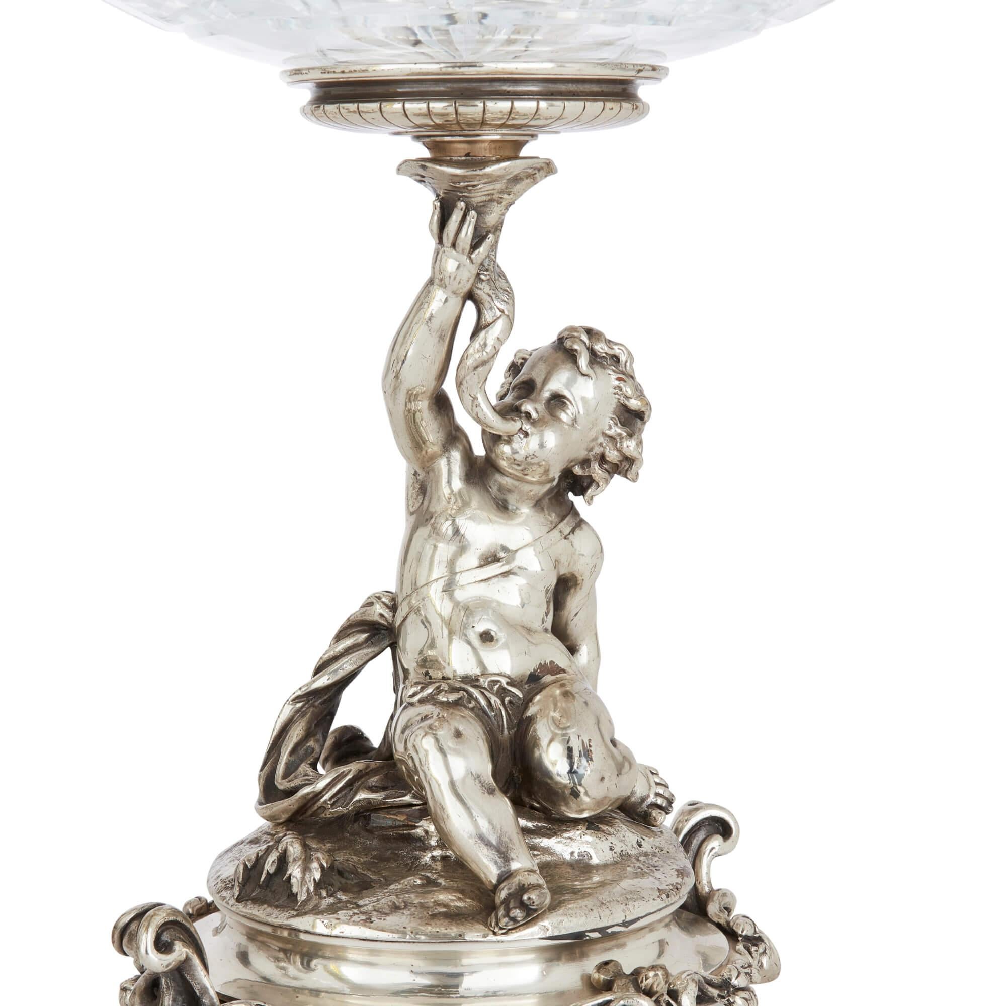 French Pair of 19th Century Cut-Glass and Silvered Bronze Compotes by Christofle  For Sale