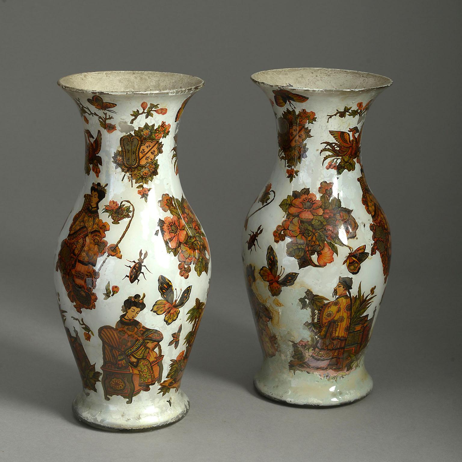 Napoleon III Pair of 19th Century Decalcomania Glass Vases