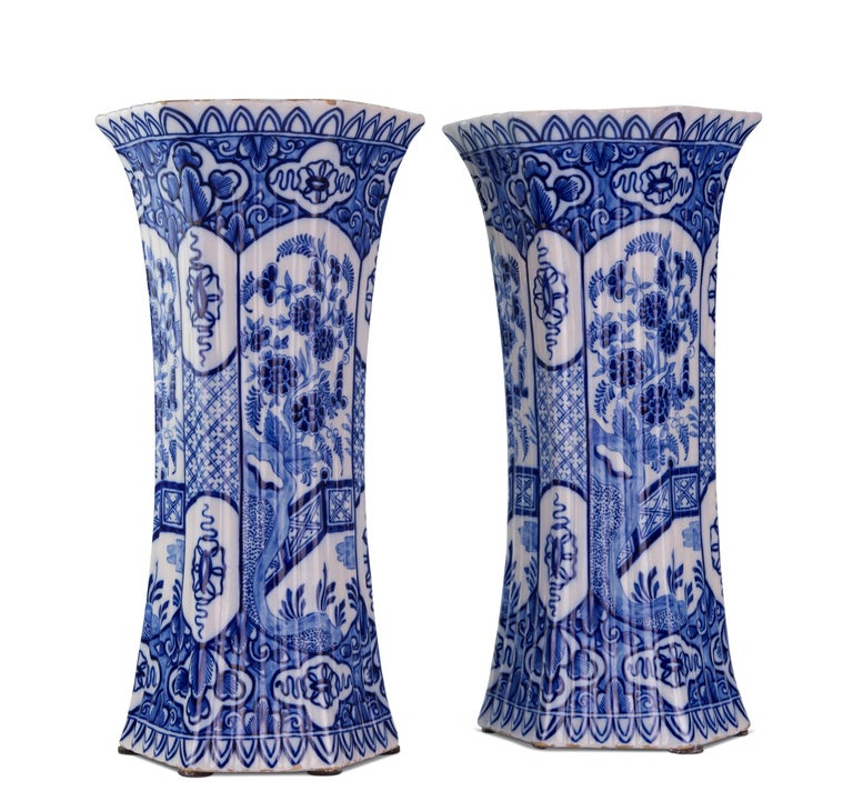 Pair of 19th Century Delft Antique Trumpet Vases For Sale at 1stDibs