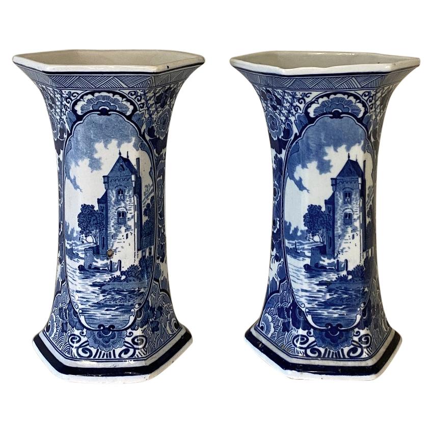 Pair of 19th Century Delft Blue and White Vases