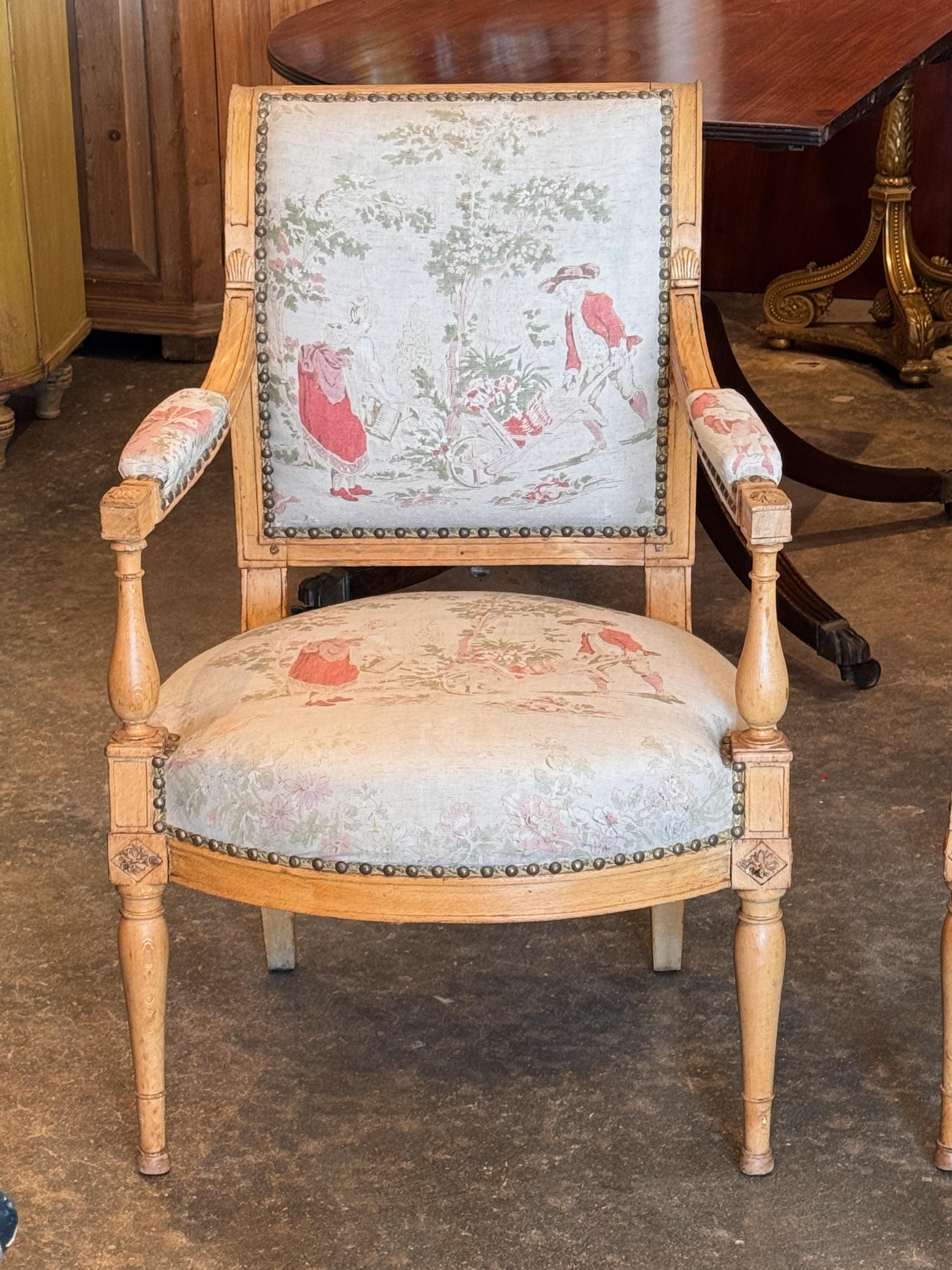 French Pair of 19th Century Directoire Beechwood Fauteuils With Toile Upholstery