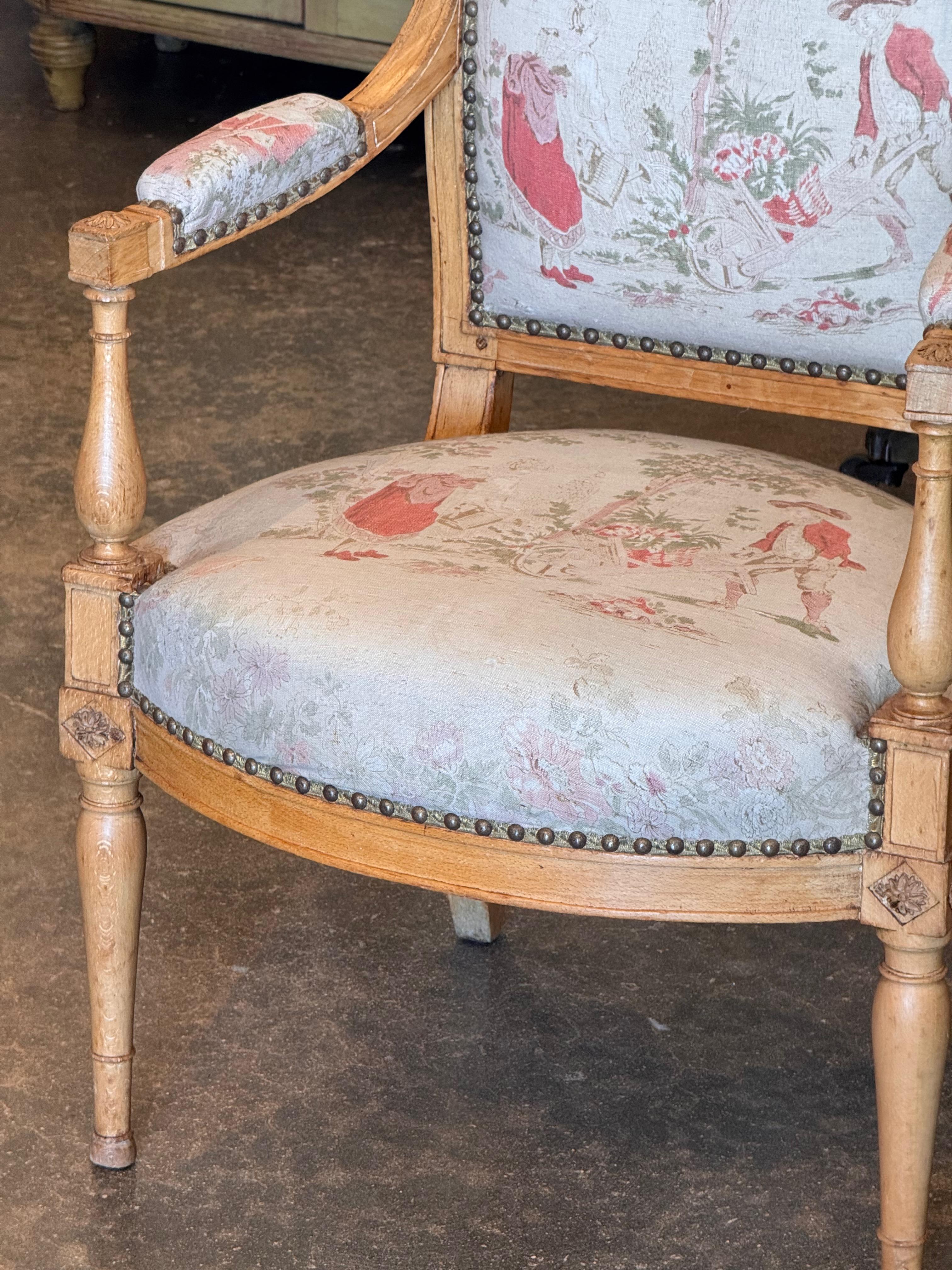 Pair of 19th Century Directoire Beechwood Fauteuils With Toile Upholstery 1