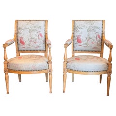Pair of 19th Century Directoire Beechwood Fauteuils With Toile Upholstery