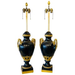 Pair of 19th Century Doré and Black Marble Table Lamps or Urns