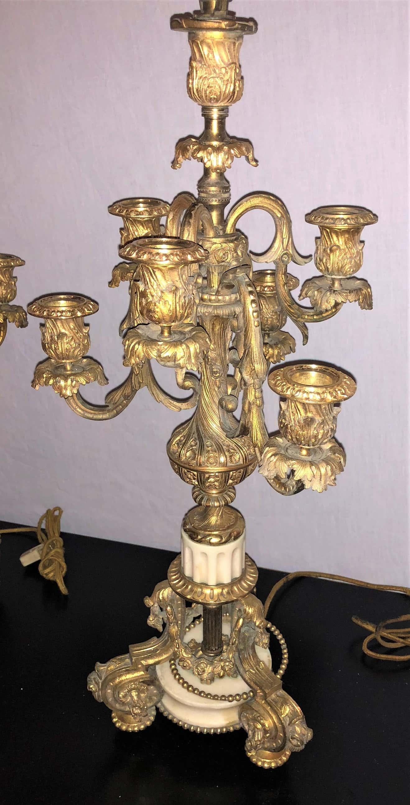 Pair of 19th Century Doré Bronze 7-Light Marble Base Candelabras Mounted as Lamp For Sale 6
