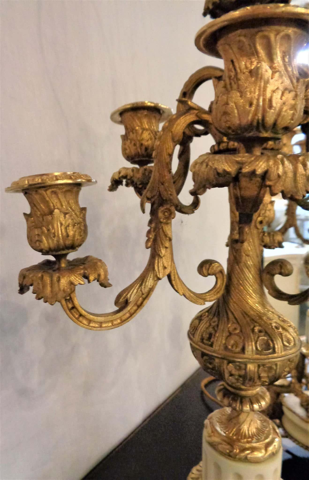 Pair of 19th Century Doré Bronze 7-Light Marble Base Candelabras Mounted as Lamp For Sale 7