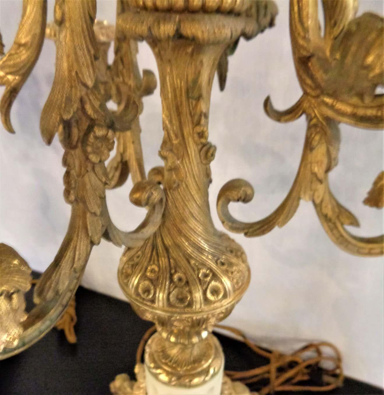 Pair of 19th Century Doré Bronze 7-Light Marble Base Candelabras Mounted as Lamp For Sale 8