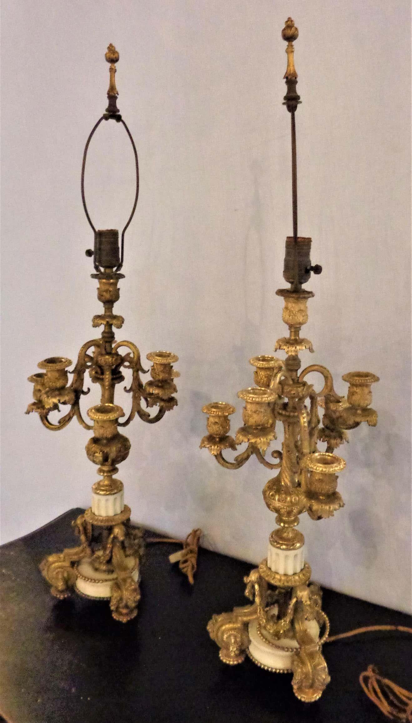 Pair of 19th Century Doré Bronze 7-Light Marble Base Candelabras Mounted as Lamp For Sale 10