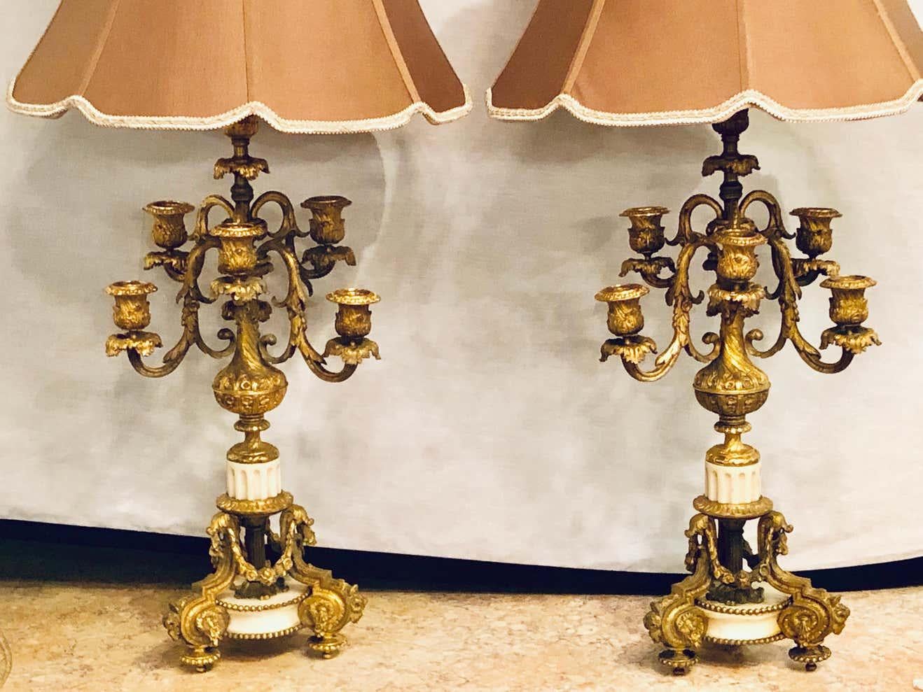 Pair of 19th Century Doré Bronze 7-Light Marble Base Candelabras Mounted as Lamp For Sale 11