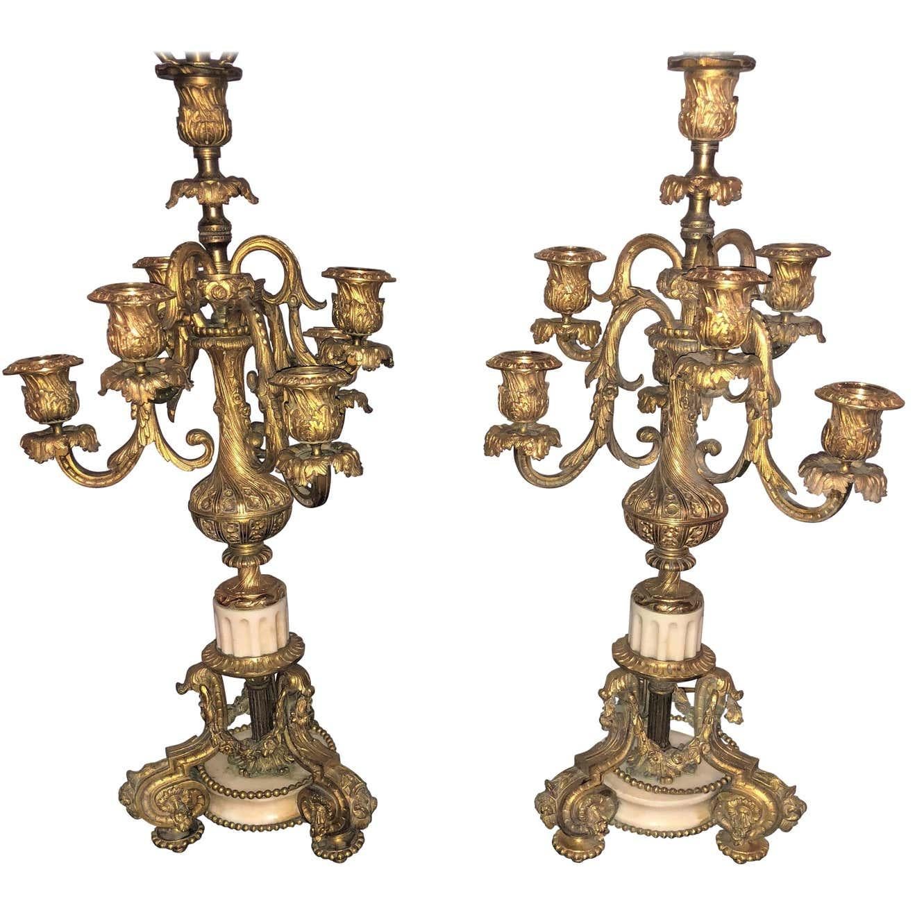 Louis XVI Pair of 19th Century Doré Bronze 7-Light Marble Base Candelabras Mounted as Lamp For Sale