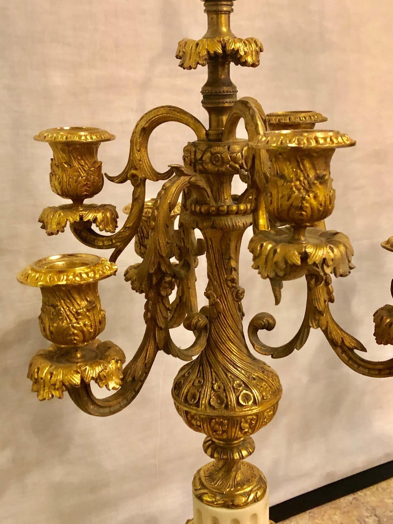 French Pair of 19th Century Doré Bronze 7-Light Marble Base Candelabras Mounted as Lamp For Sale