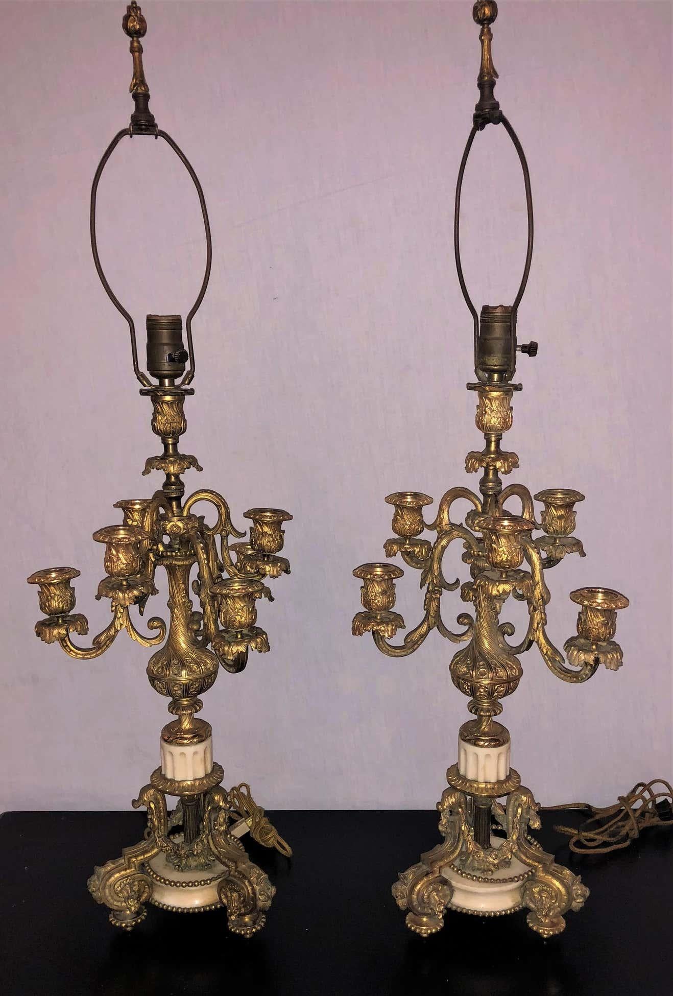 Pair of 19th Century Doré Bronze 7-Light Marble Base Candelabras Mounted as Lamp In Good Condition For Sale In Stamford, CT