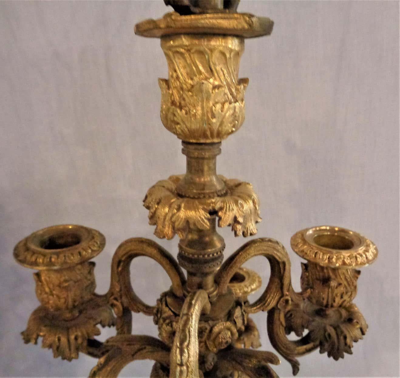 Pair of 19th Century Doré Bronze 7-Light Marble Base Candelabras Mounted as Lamp For Sale 2